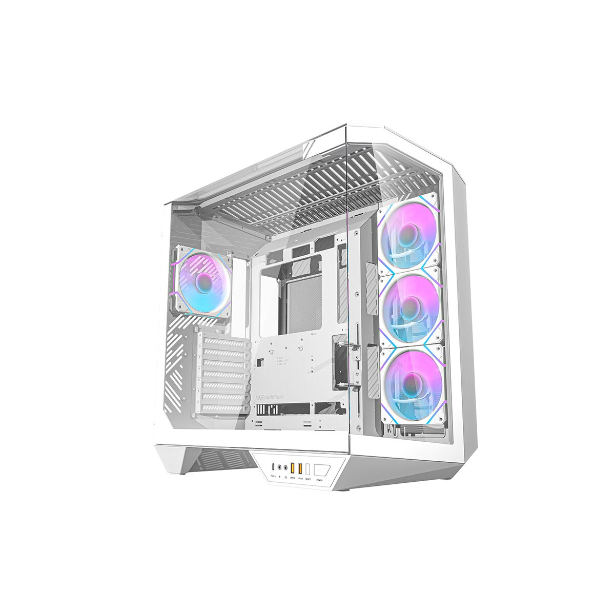 Un case PC bianco con ventole RGB e pannello frontale in vetro.