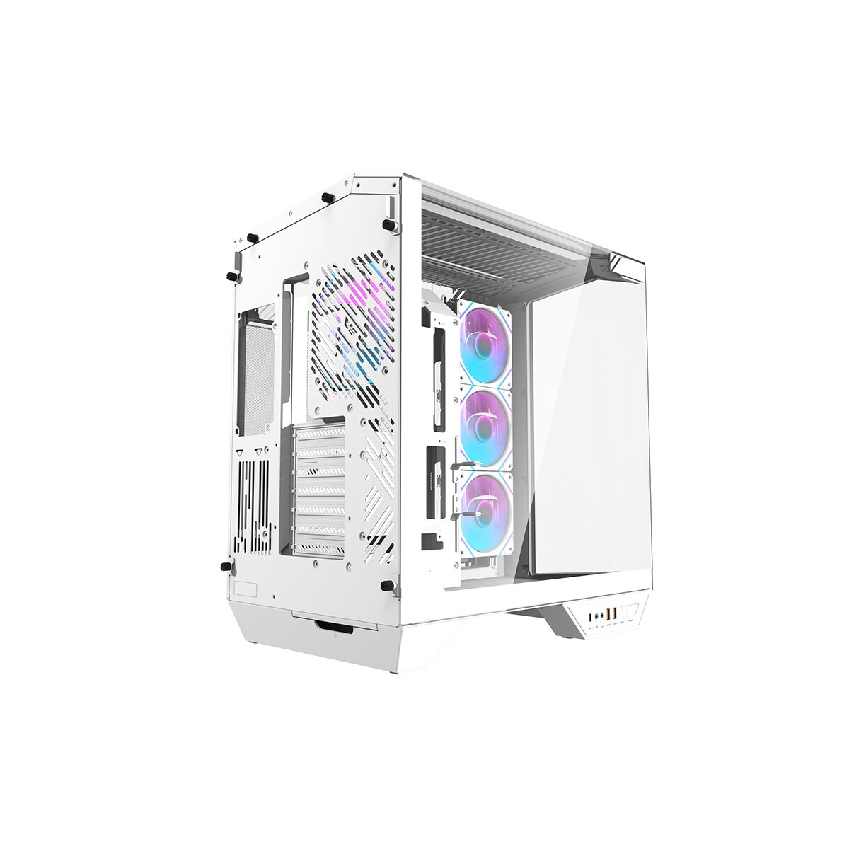 Case del computer bianco con tre ventole RGB illuminate visibili attraverso un pannello laterale in vetro.