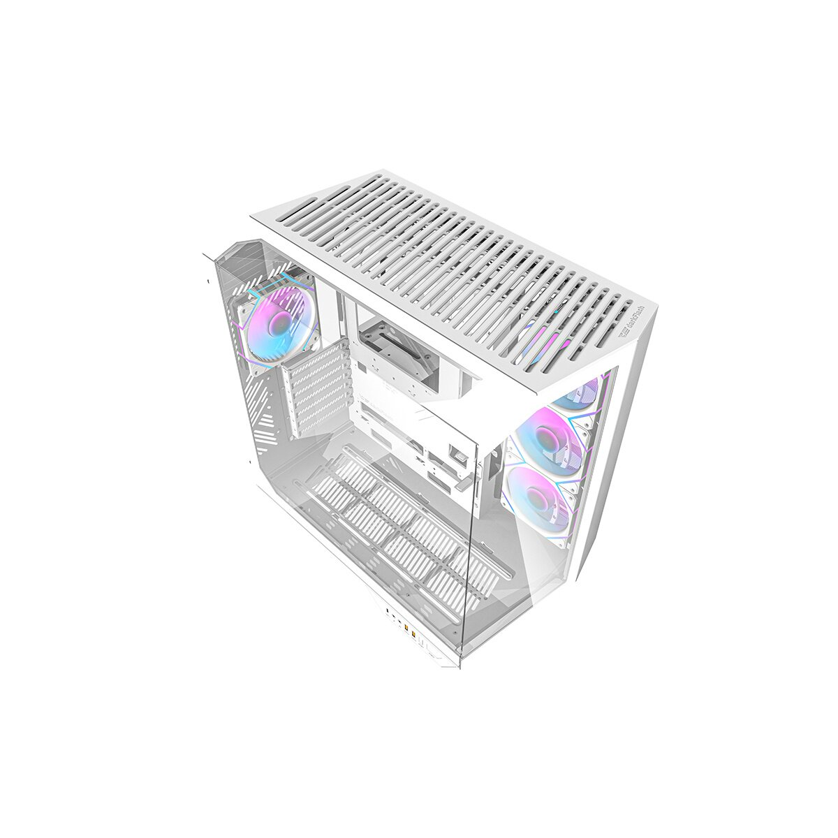 Un case PC bianco con ventole RGB e pannelli in vetro.