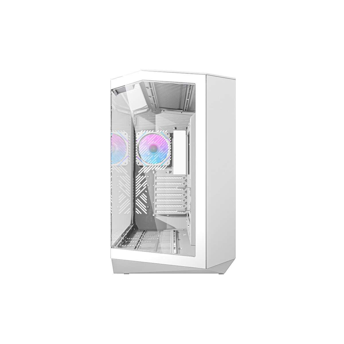 Case PC bianco con pannello laterale trasparente e ventole RGB.
