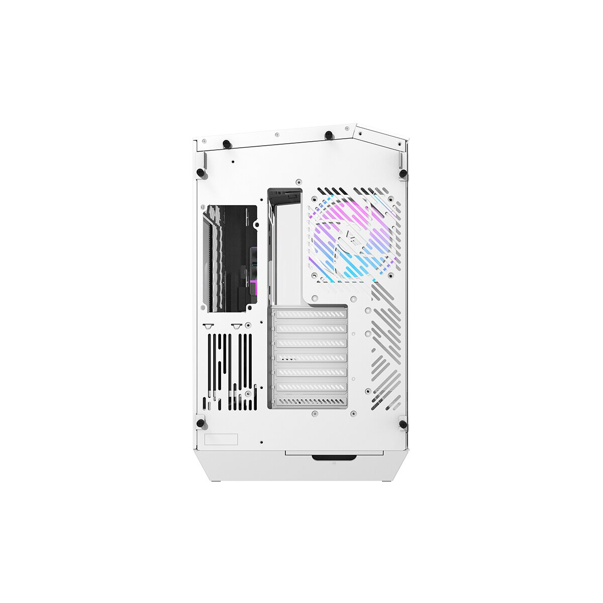 Vista posteriore di un case PC bianco con ventola e porte.