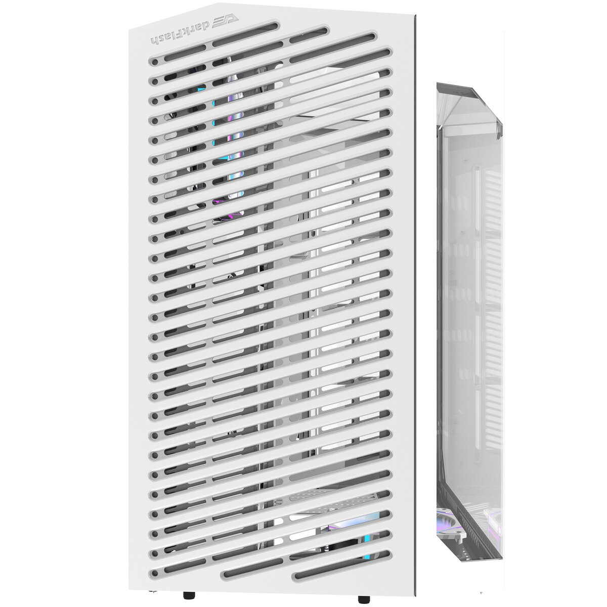 Tower del computer bianco con pannello frontale in rete e pannello laterale in vetro che mostra i componenti interni.