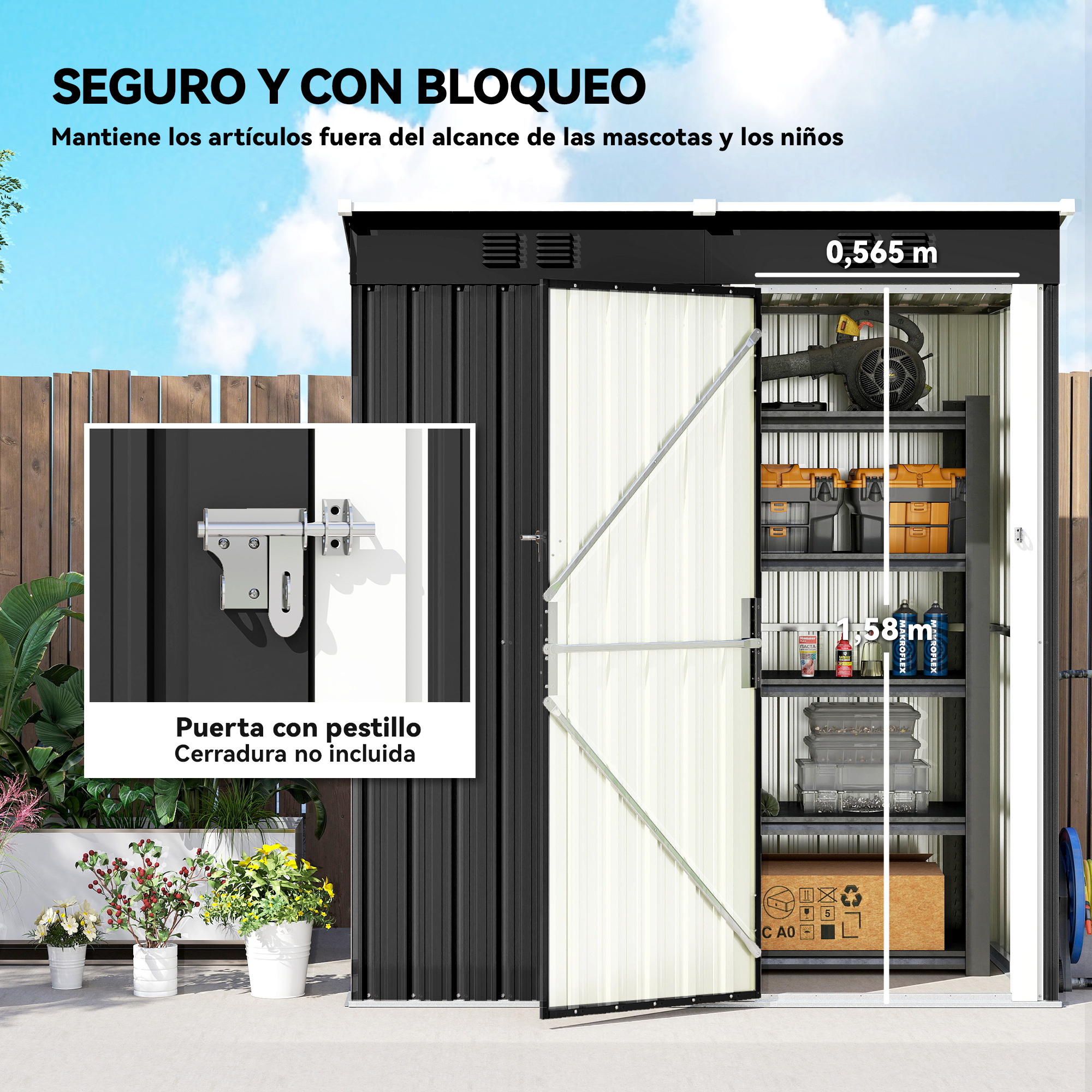 Cobertizo de metal negro con puerta abierta, herramientas y contenedores.
