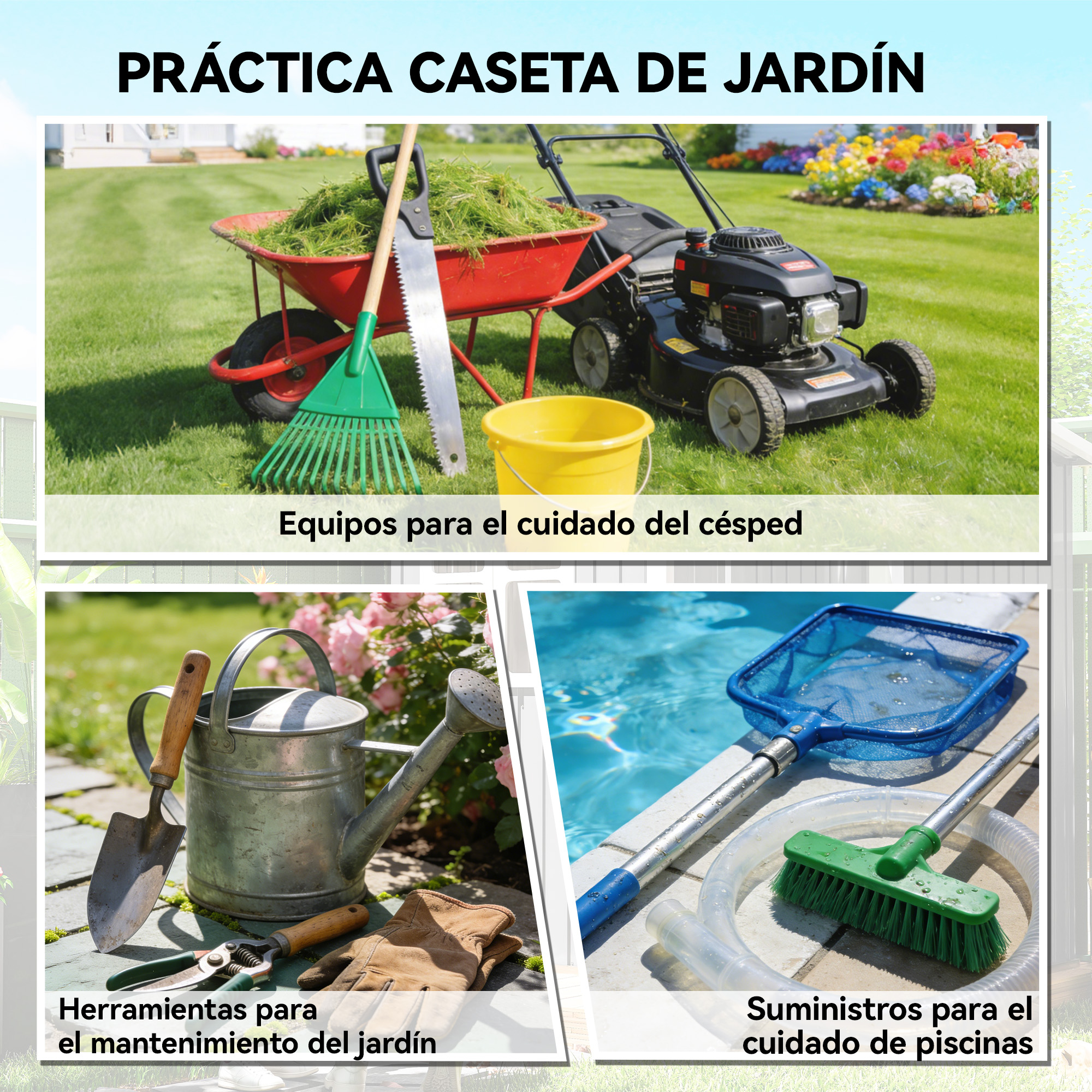 Herramientas de césped, jardín y piscina frente a una casa y piscina.