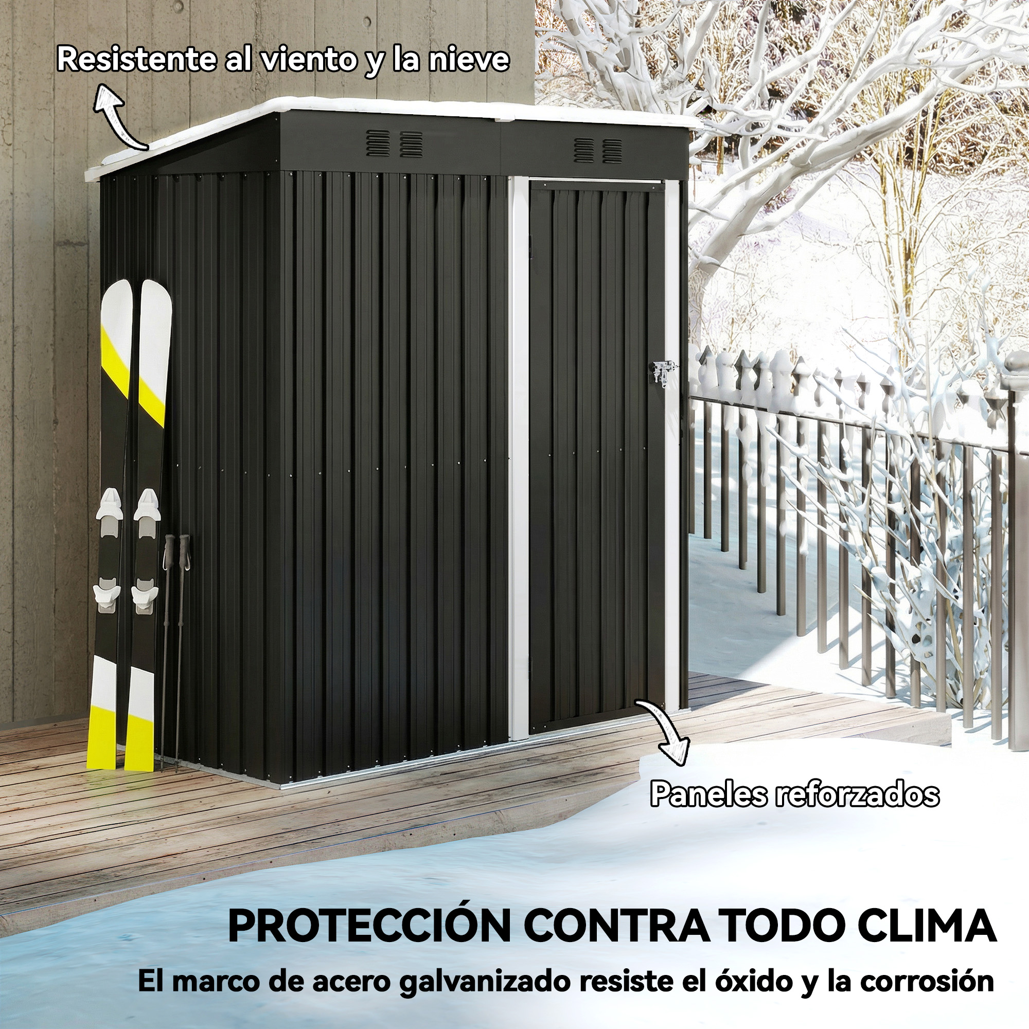 Cobertizo negro con esquís y bastones delante, en un fondo nevado.