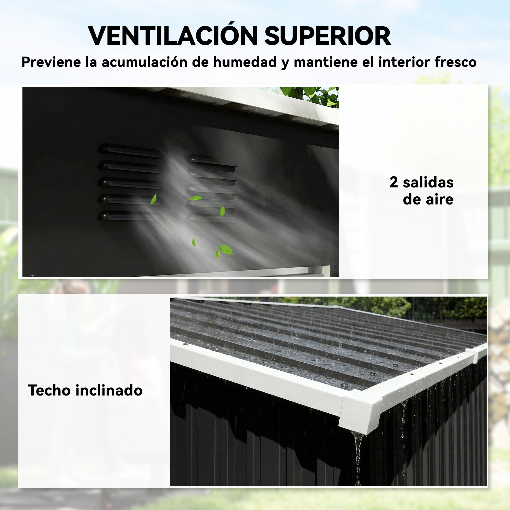 Ventilación superior y techo inclinado con salidas de aire y desagüe.