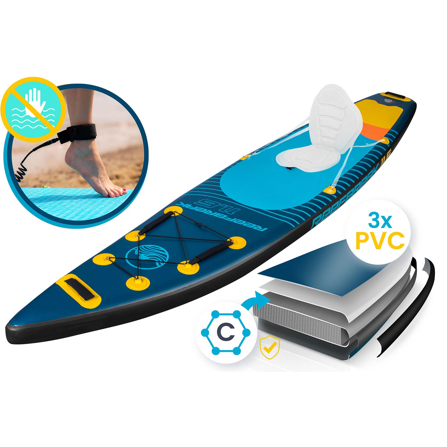 Niebieski paddleboard z białym siedziskiem, smyczą i grafiką 3x PVC.