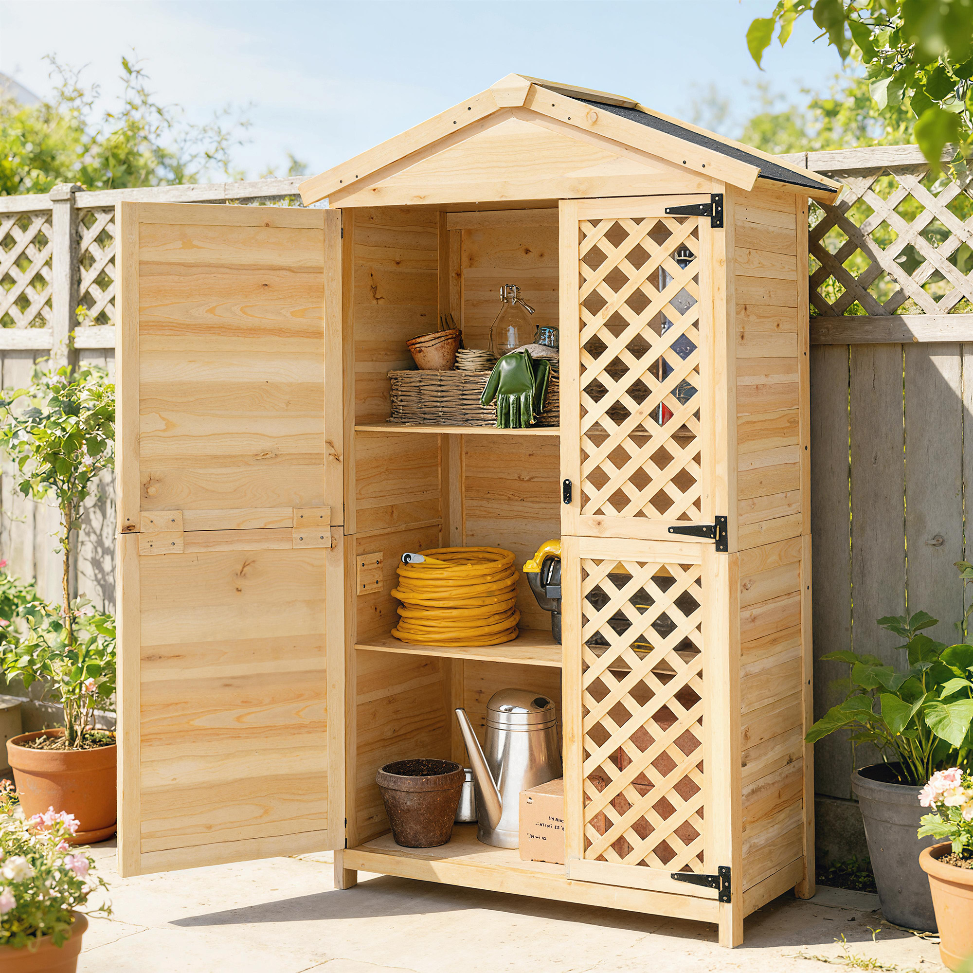 Un cobertizo de madera con puertas abiertas, lleno de herramientas de jardín.