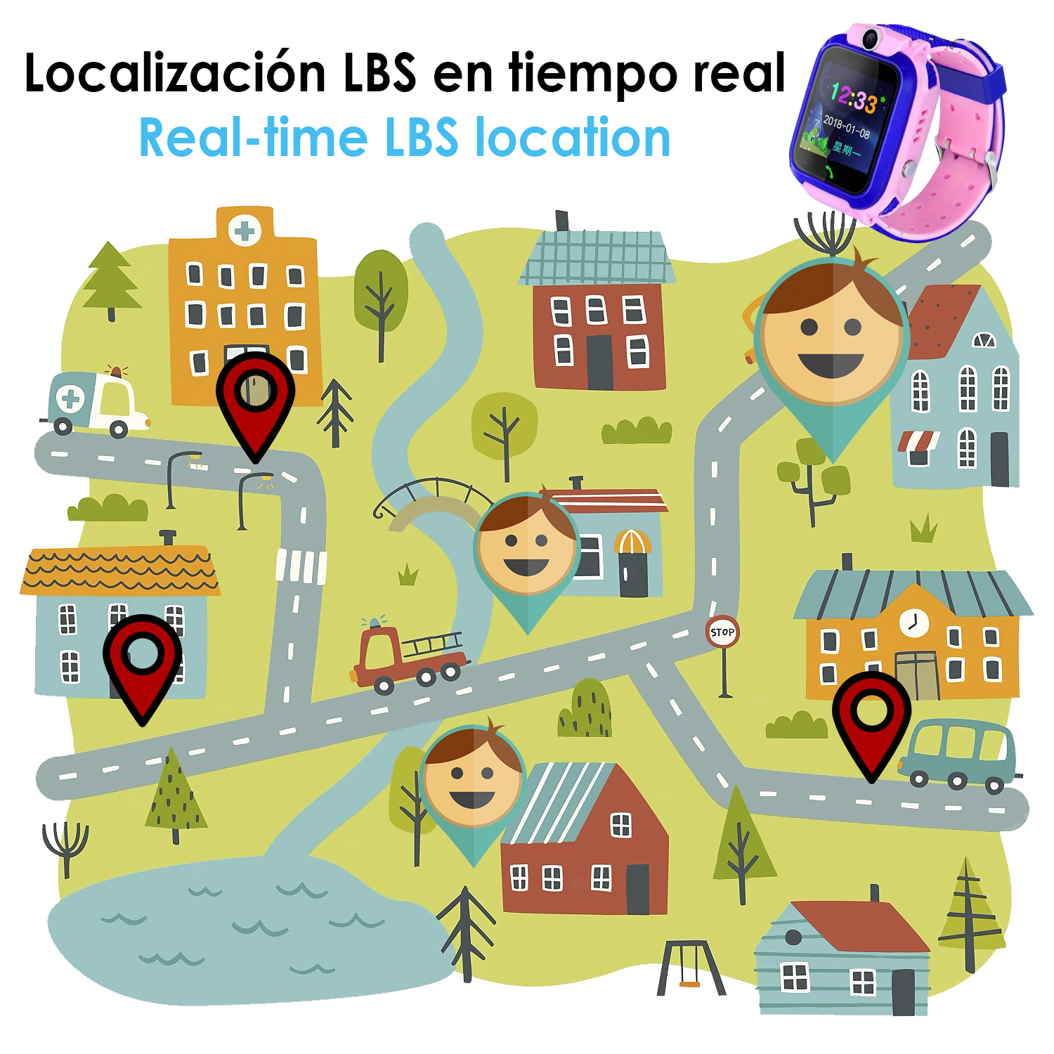 Illustrazione di una mappa con case, ospedale, stazione dei pompieri e autobus.