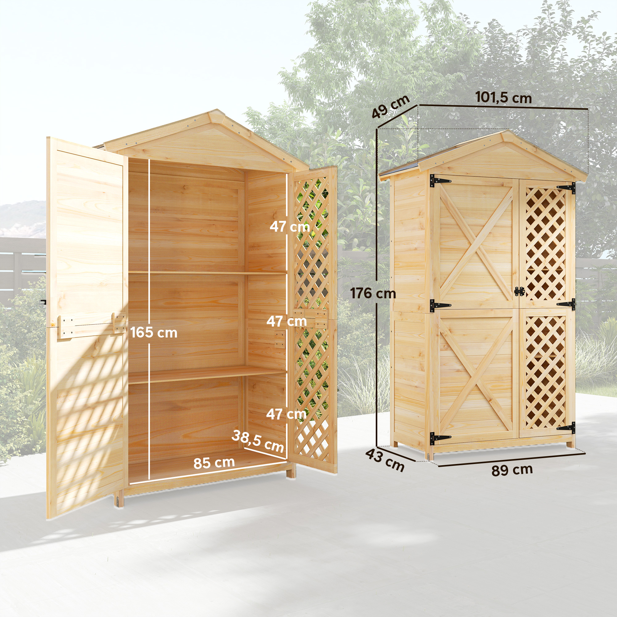 Dos armarios de madera, uno abierto, mostrando estantes. Se indican las dimensiones.