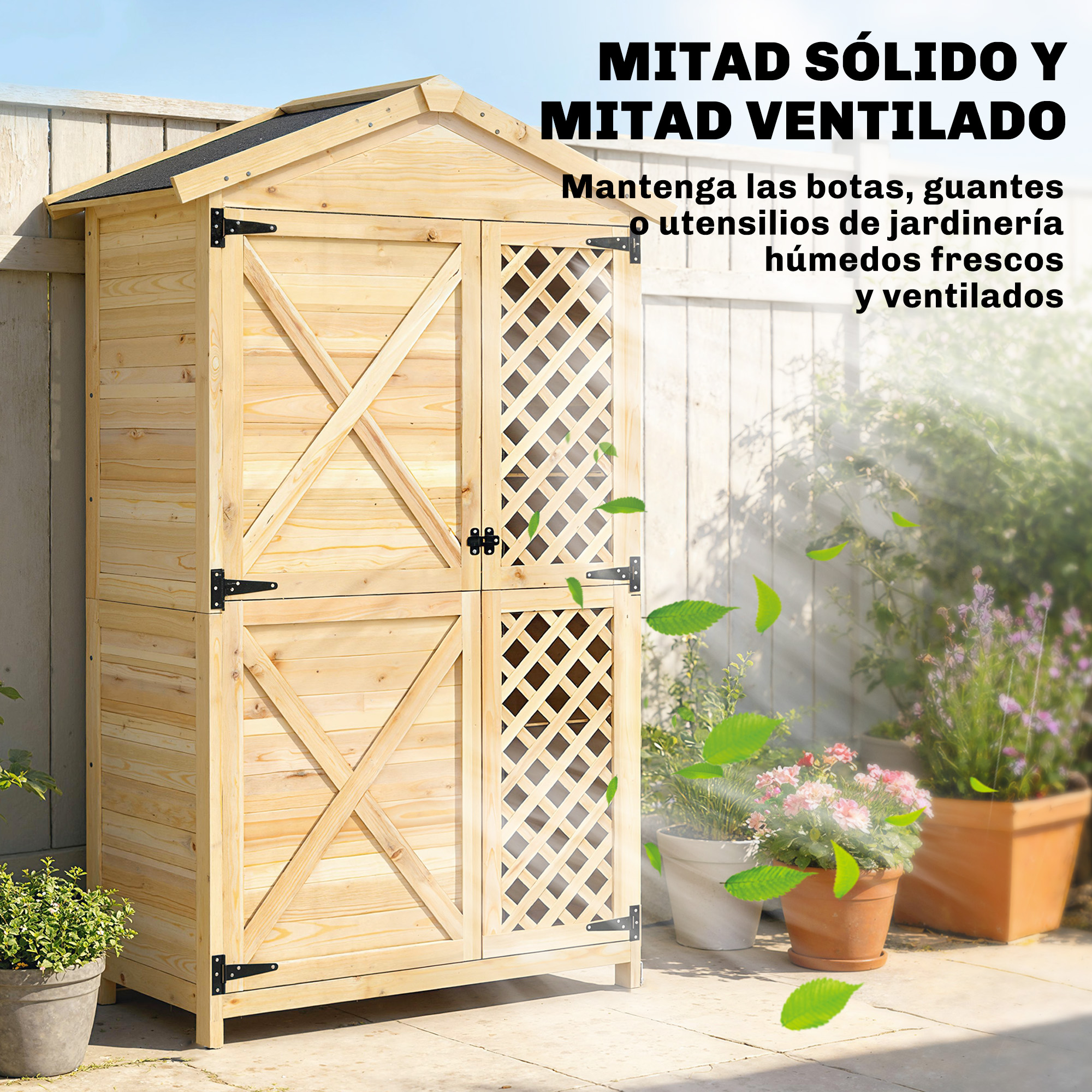 Armario de madera con dos puertas, un lado sólido, un lado de celosía.