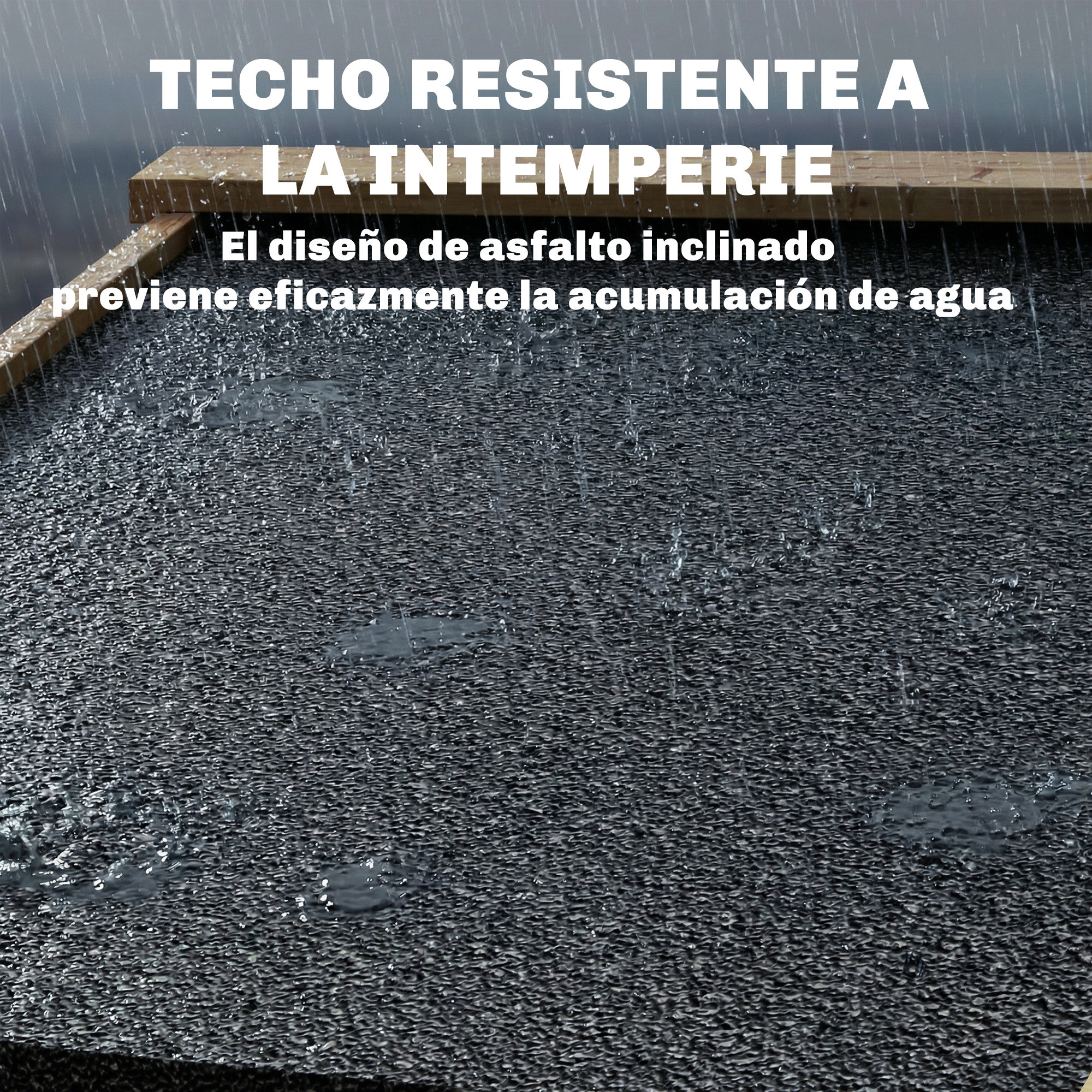 La lluvia cae sobre un techo de asfalto con moldura de madera.