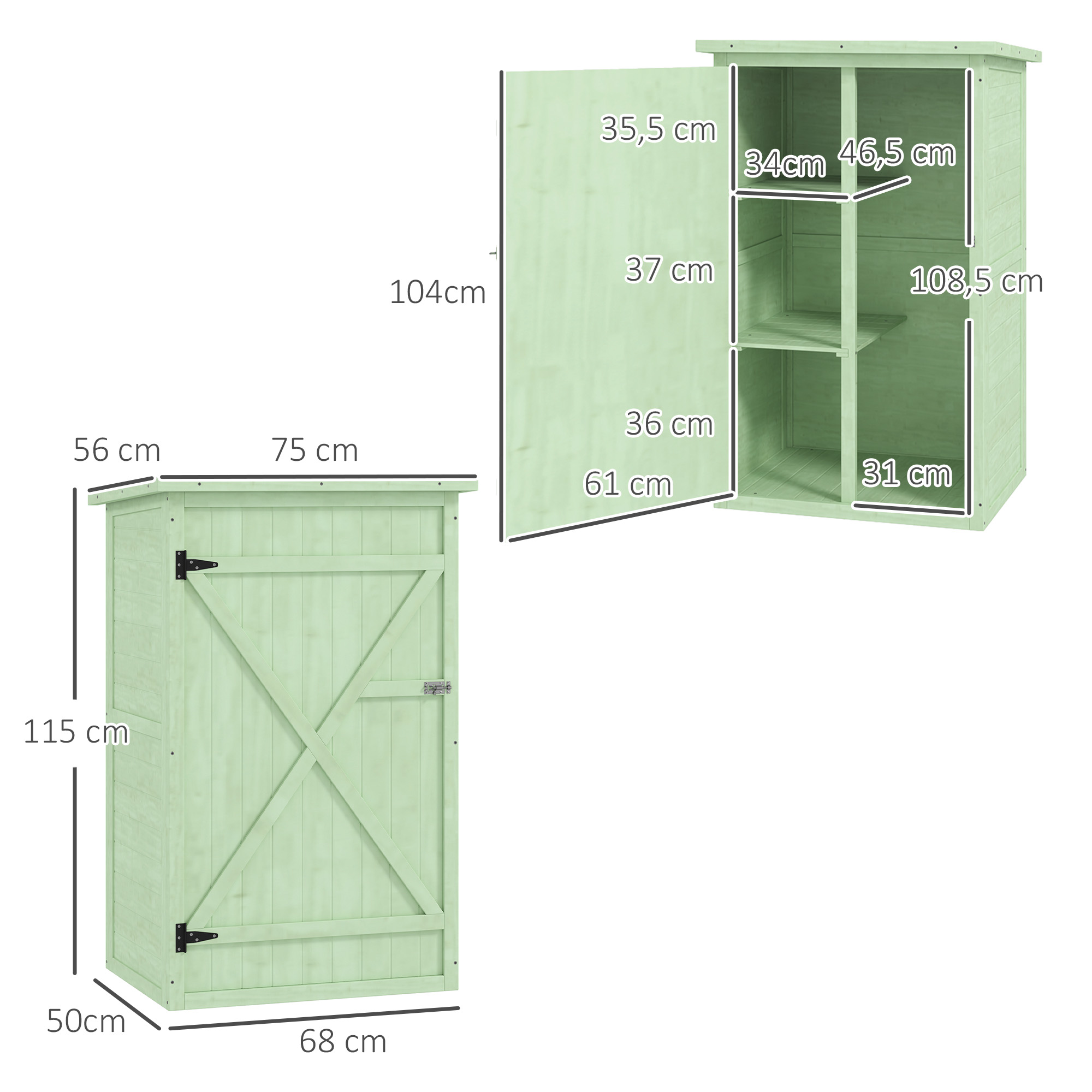 Cobertizo de madera verde claro, vistas cerradas y abiertas con dimensiones.