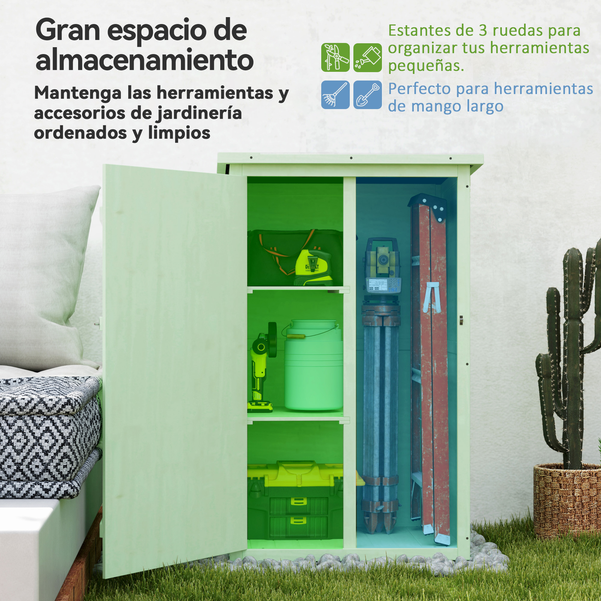 Armario de almacenamiento verde claro con herramientas dentro.