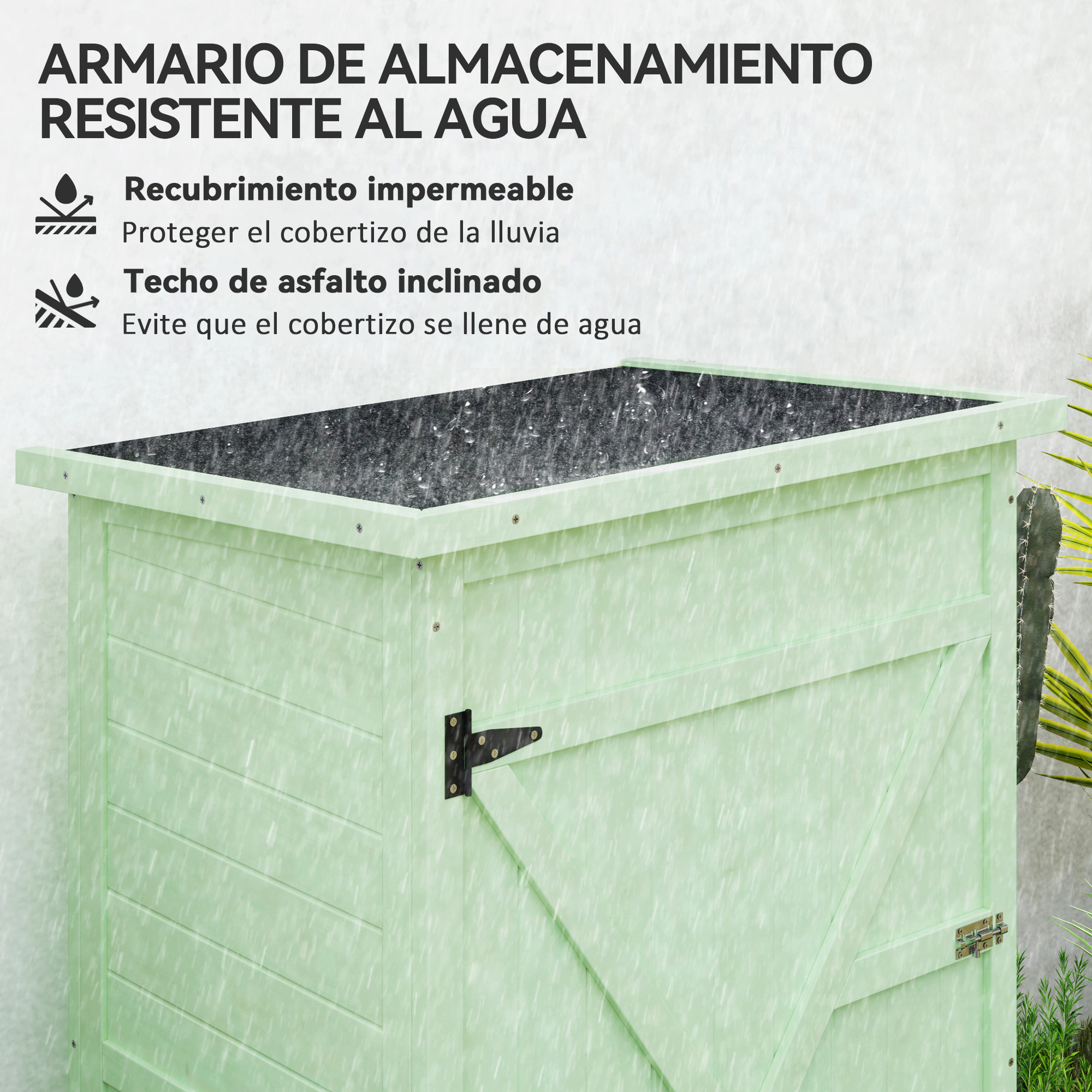 Caseta de almacenamiento verde claro con techo inclinado, cae lluvia.