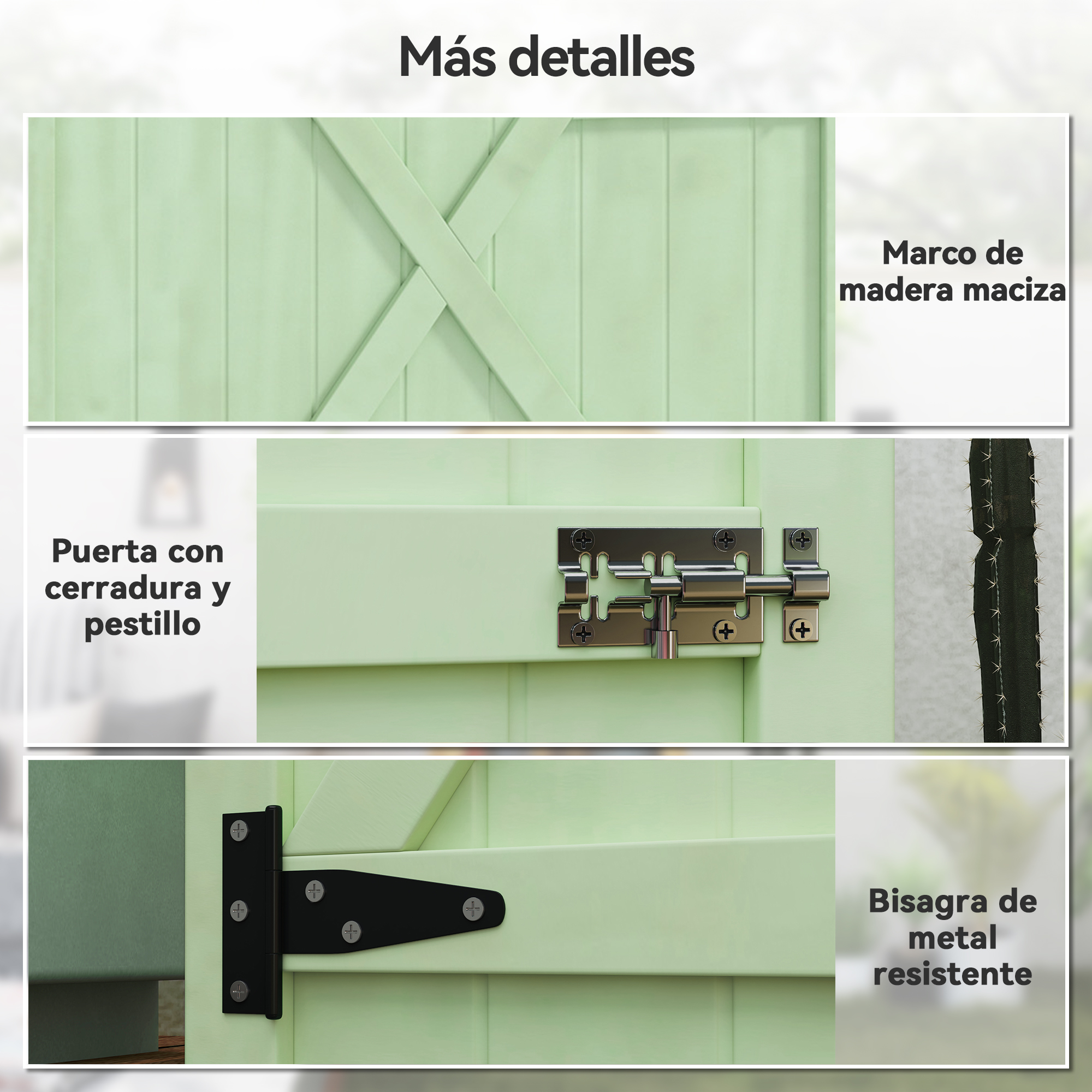 Puerta de madera verde claro con patrón X, pestillo y bisagra.