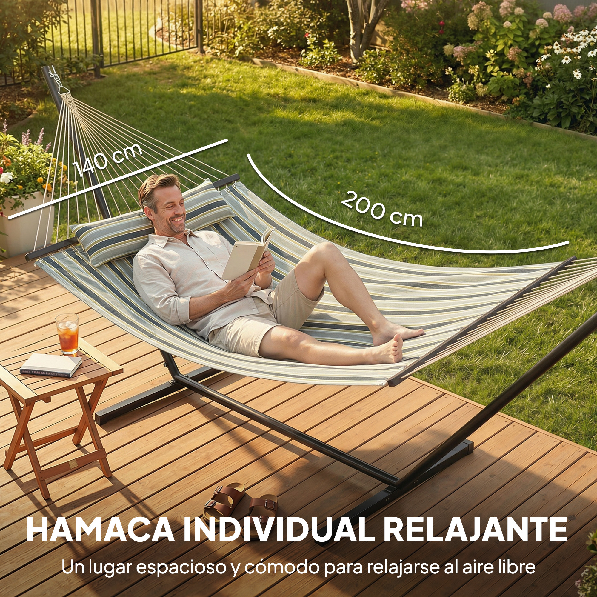Hombre leyendo en hamaca rayada en jardín. Medidas 140x200 cm.