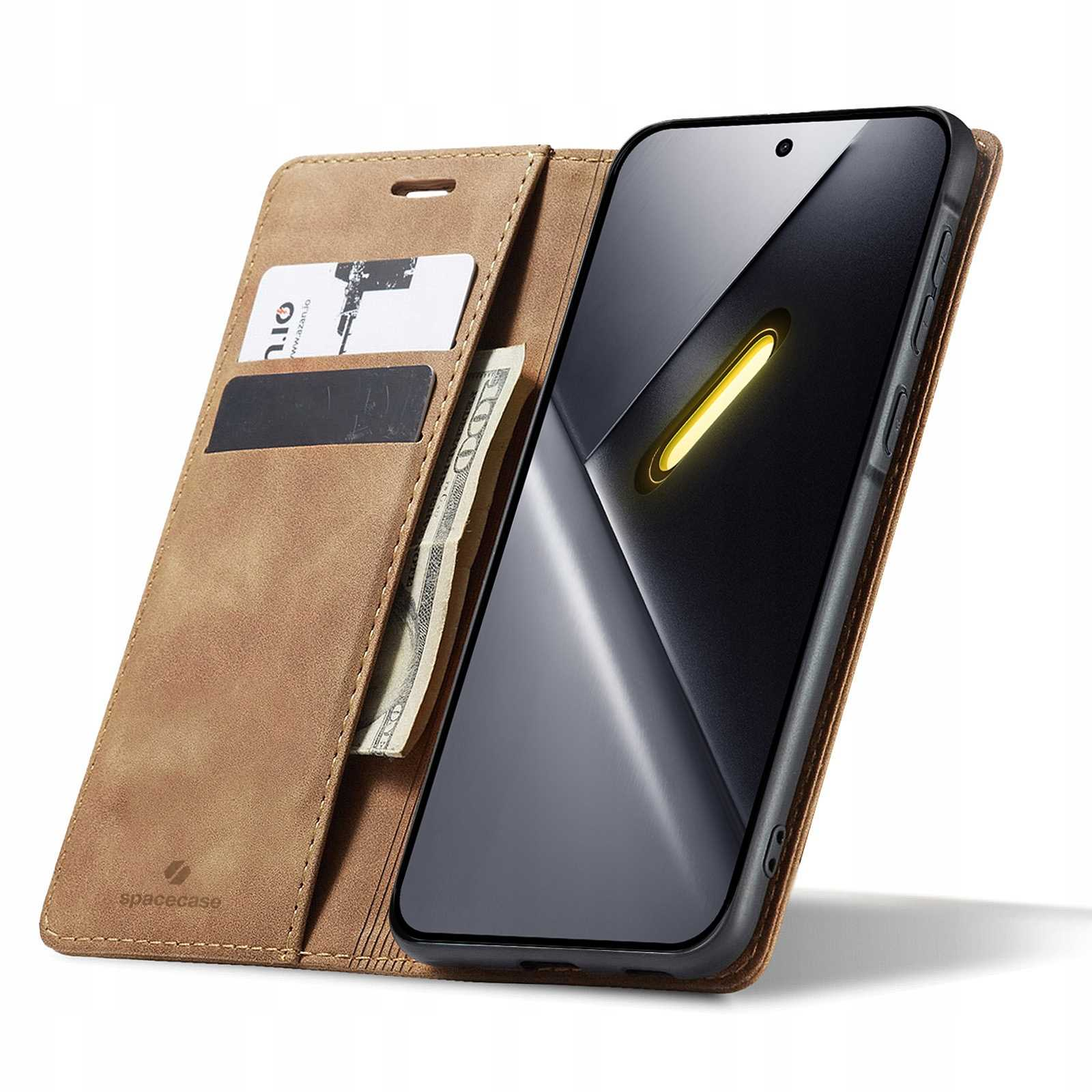Brązowe etui portfel na telefon z miejscami na karty i kieszenią na pieniądze.