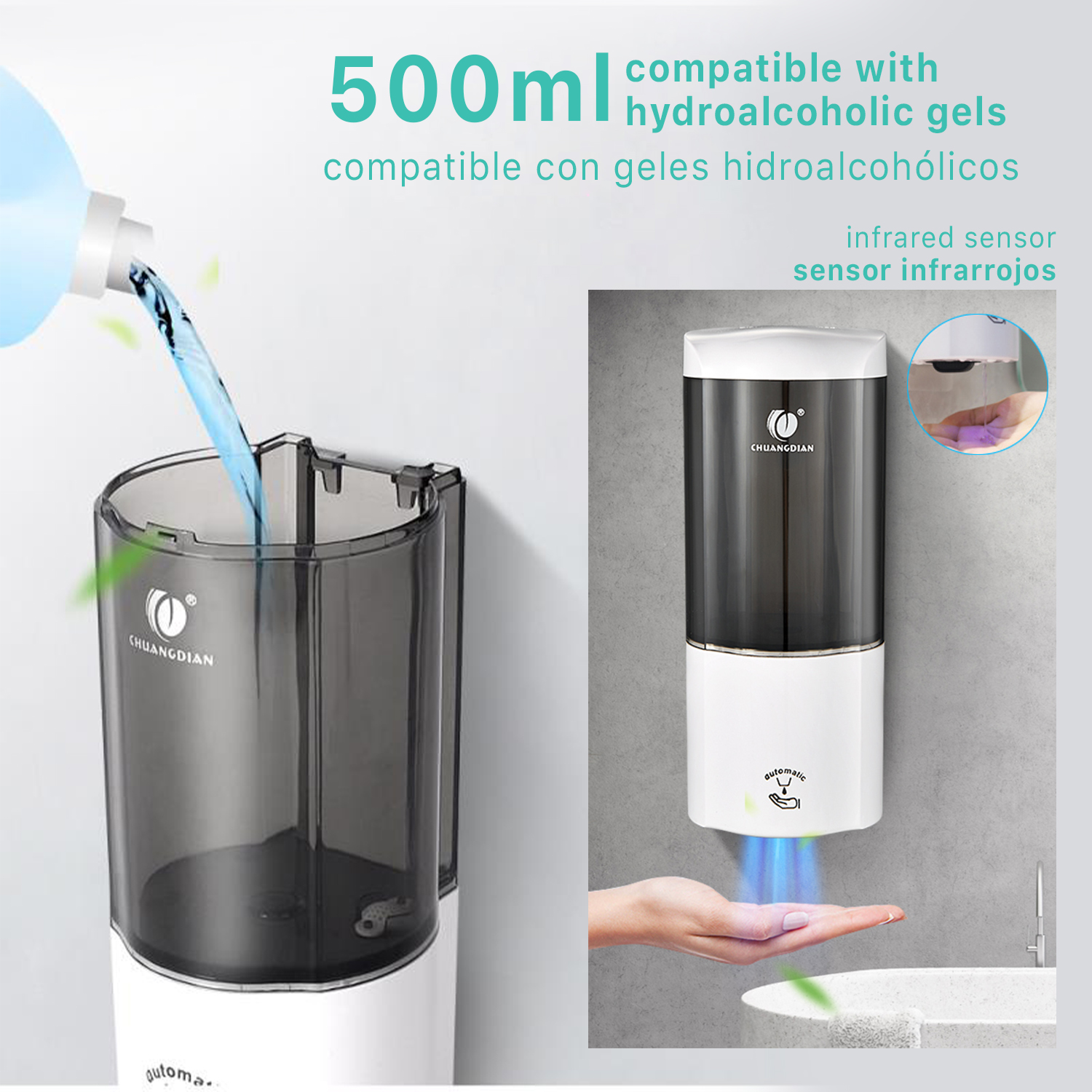 Se muestra un dispensador de jabón automático de 500ml con sensor infrarrojo.