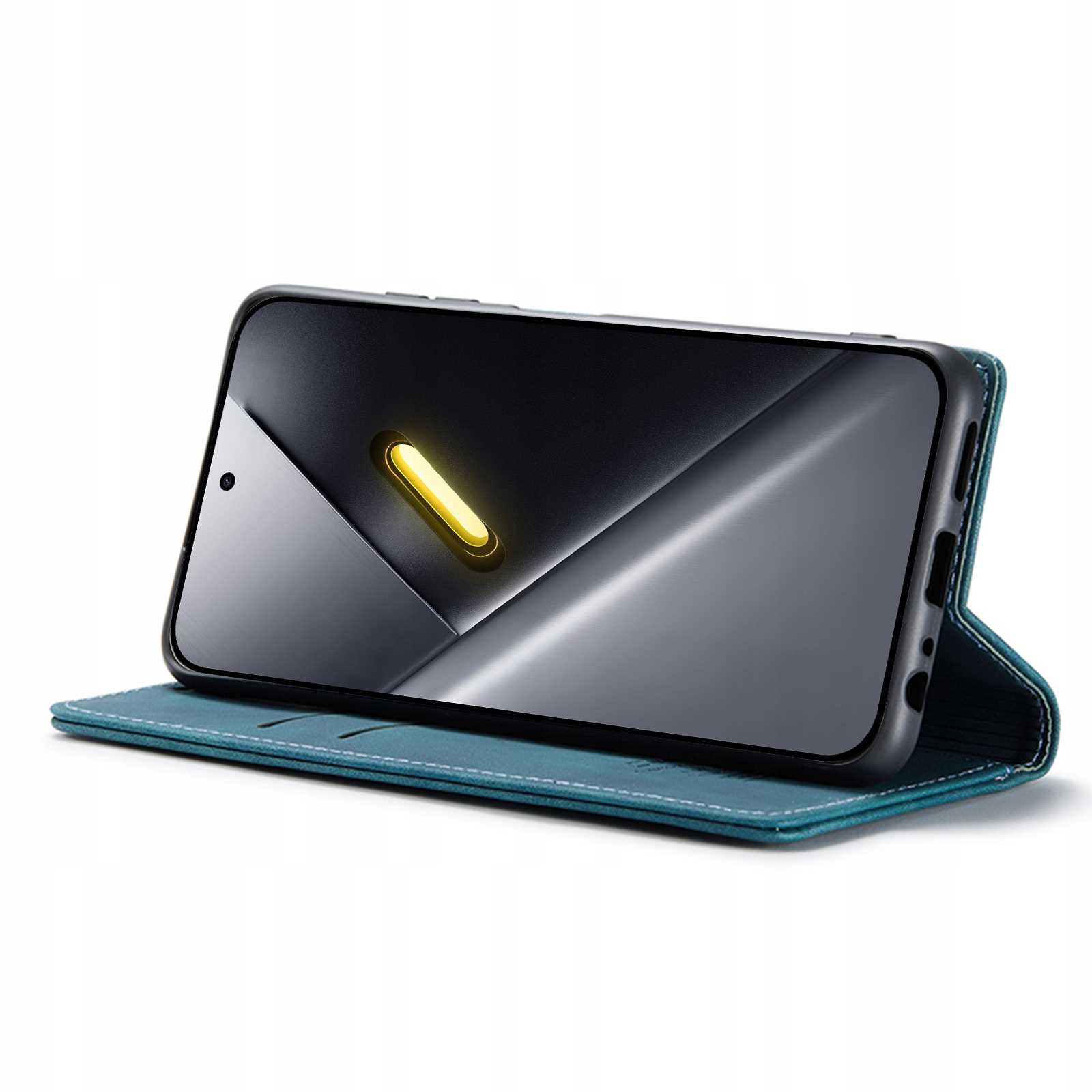 Smartfon w niebieskim etui typu książka z żółtym światłem na ekranie.
