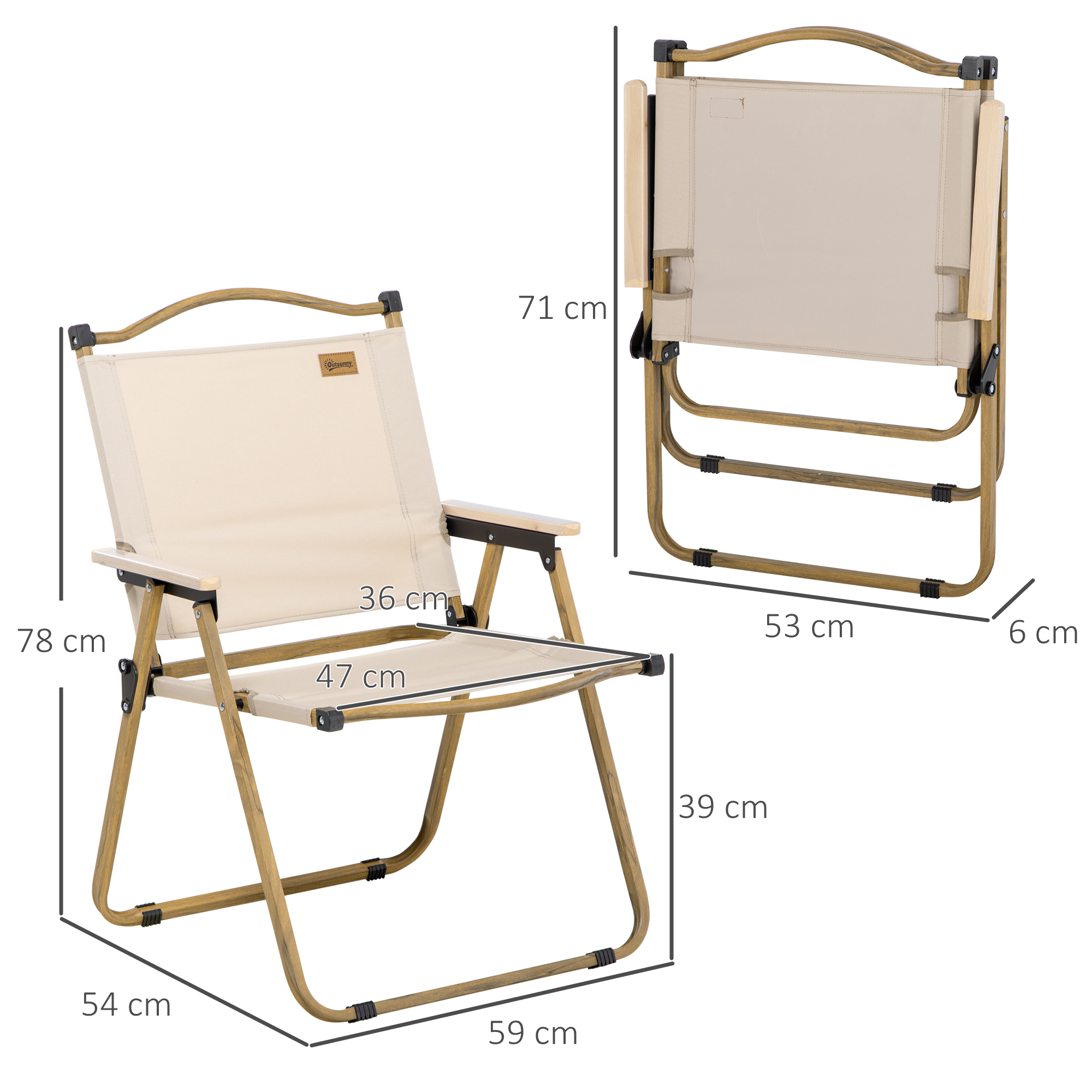 Una silla plegable beige con marco de madera, con dimensiones en cm.