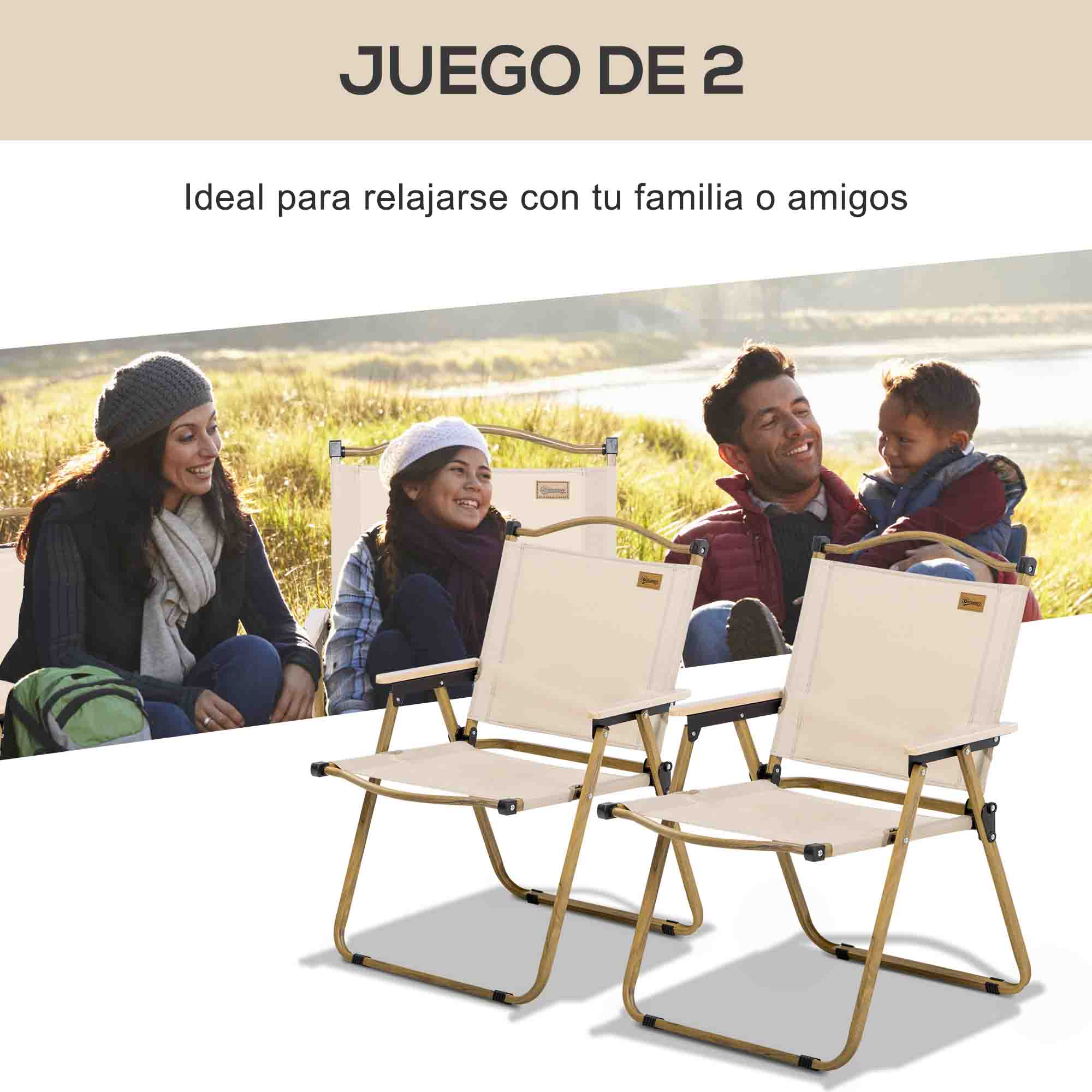 Dos familias sentadas en sillas de camping al aire libre. Sillas beige al frente.