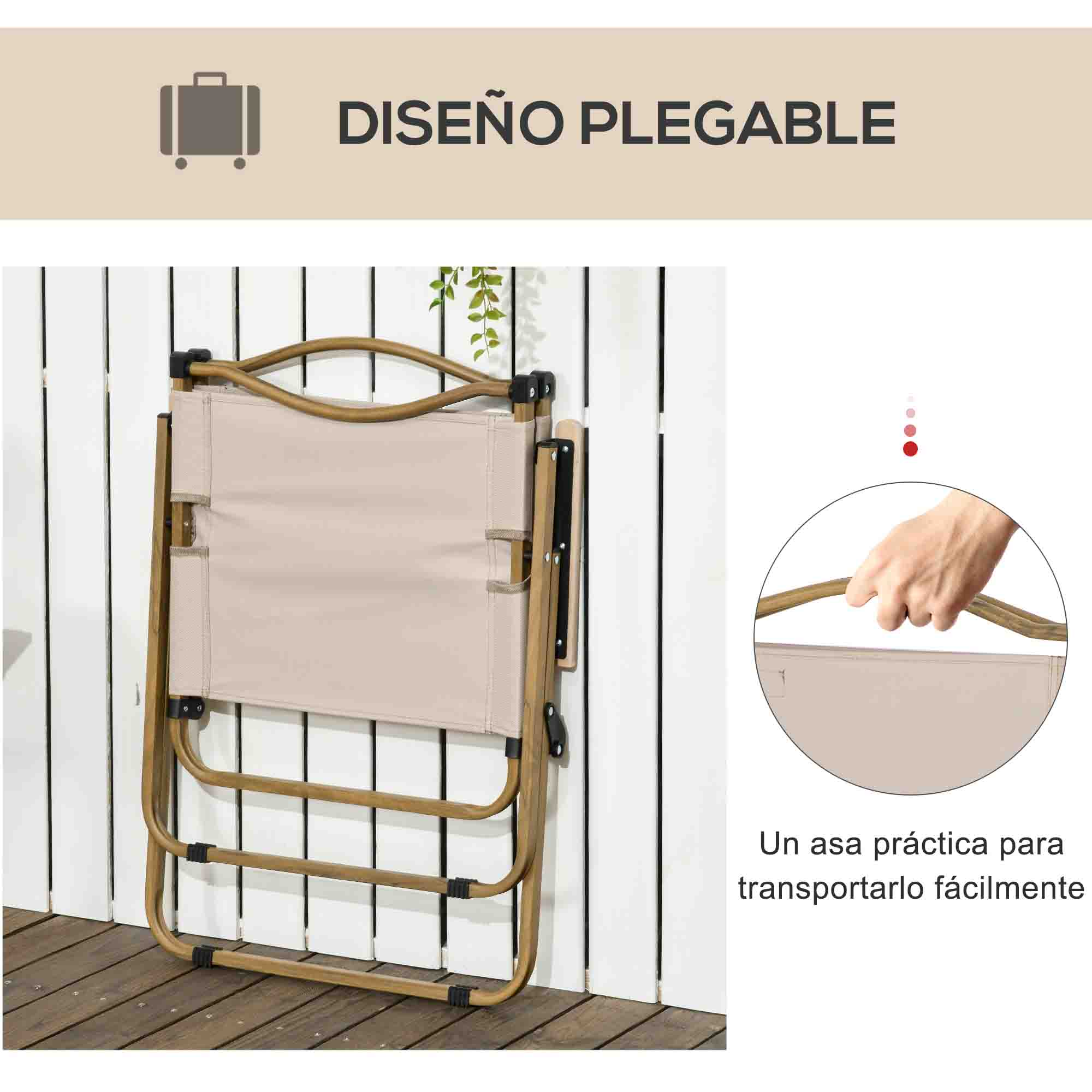Una silla plegable beige con marco de madera descansa sobre una terraza de madera.