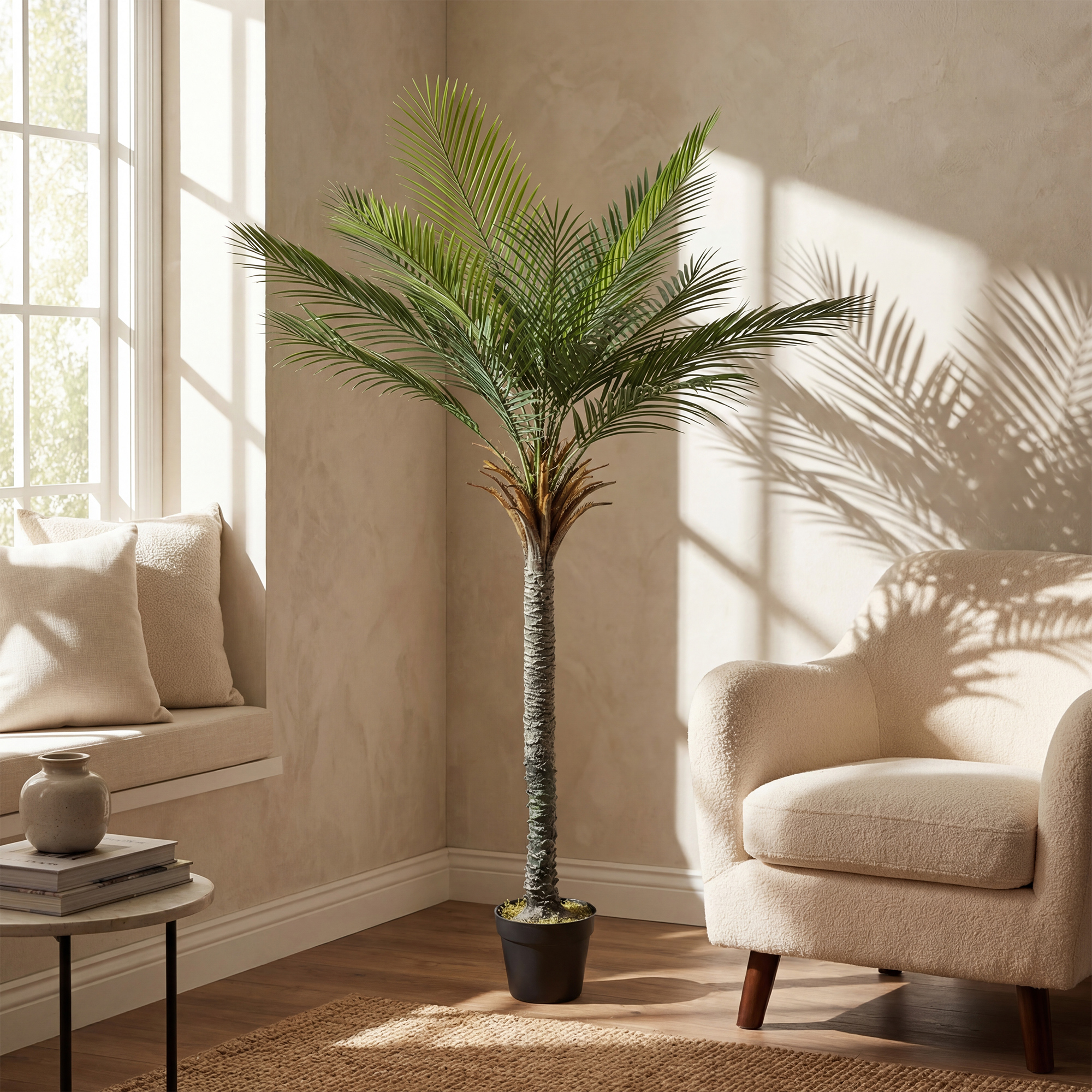 Una palmera en maceta se alza junto a un sillón crema y una mesita auxiliar.