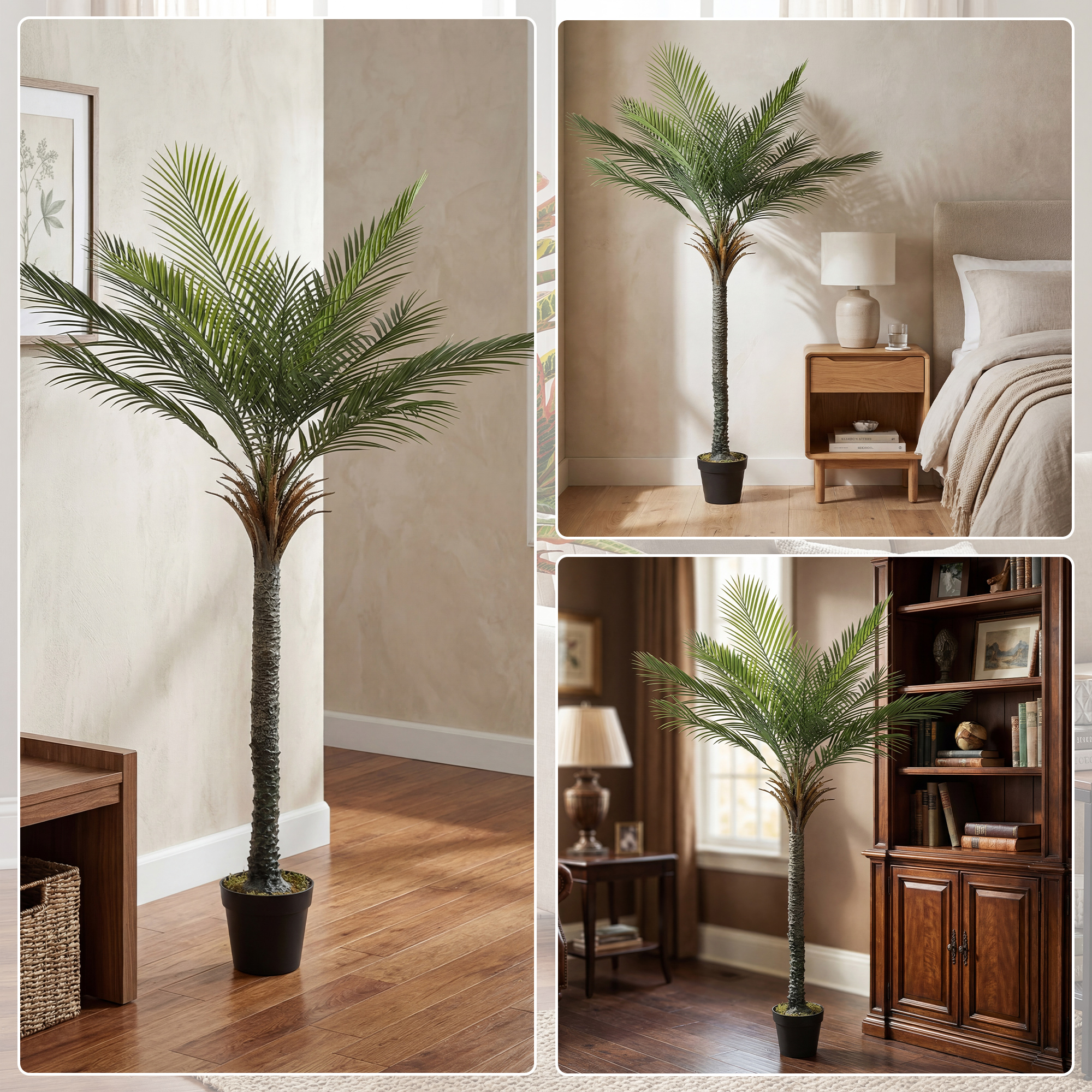 Una palmera artificial alta con hojas verdes en una maceta negra está en una habitación.