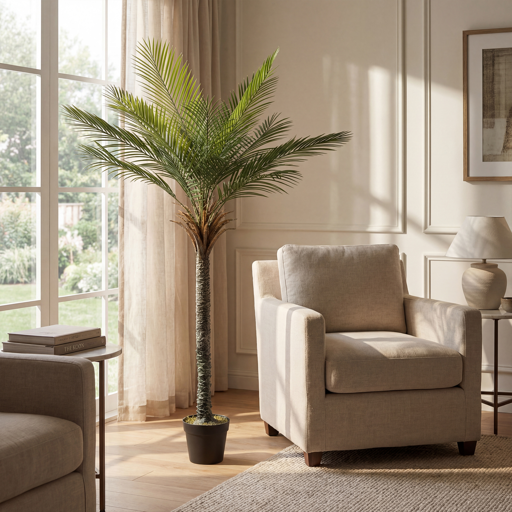 Un sillón y una palmera en una habitación luminosa con grandes ventanales.
