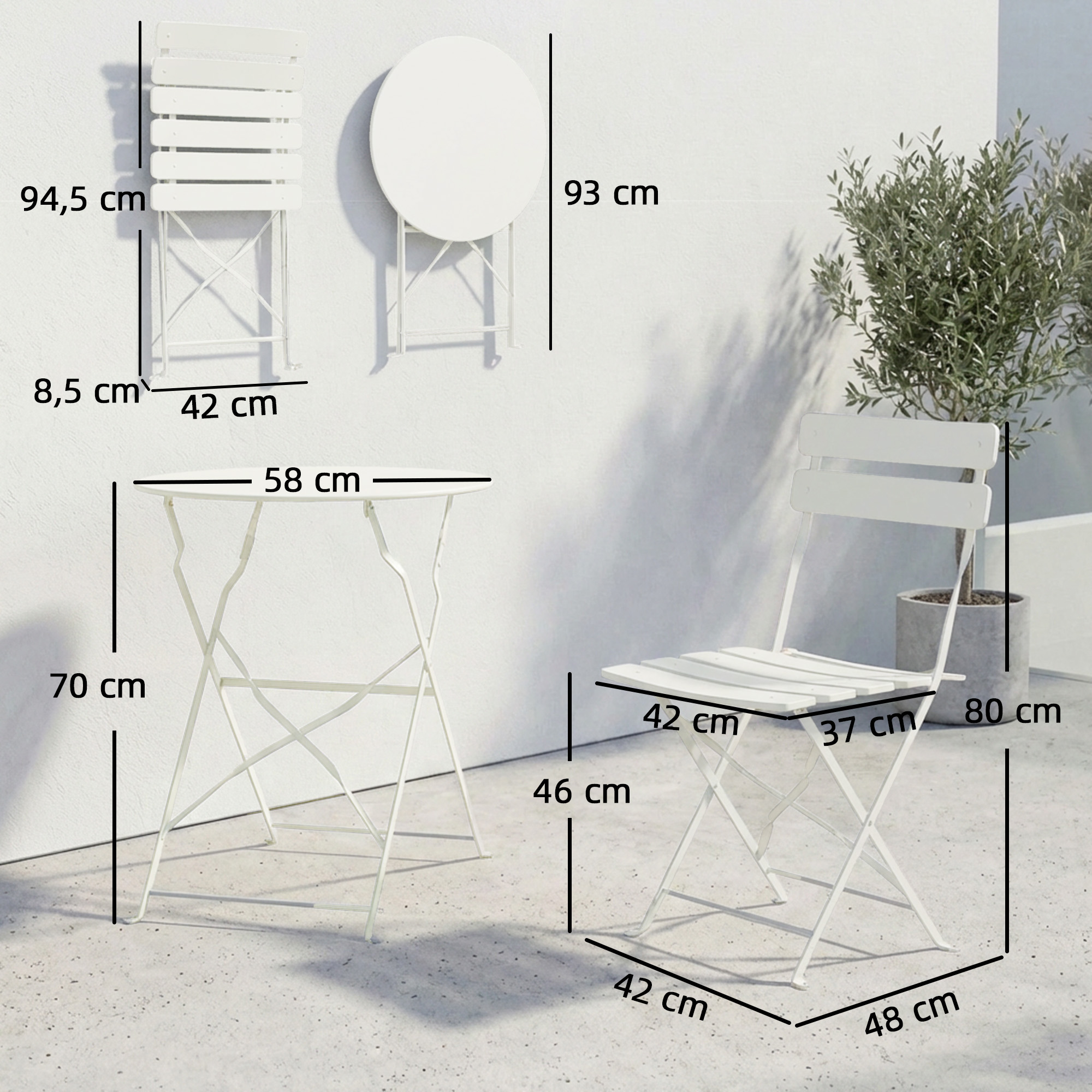 Muebles plegables blancos: mesa y silla con dimensiones contra pared.