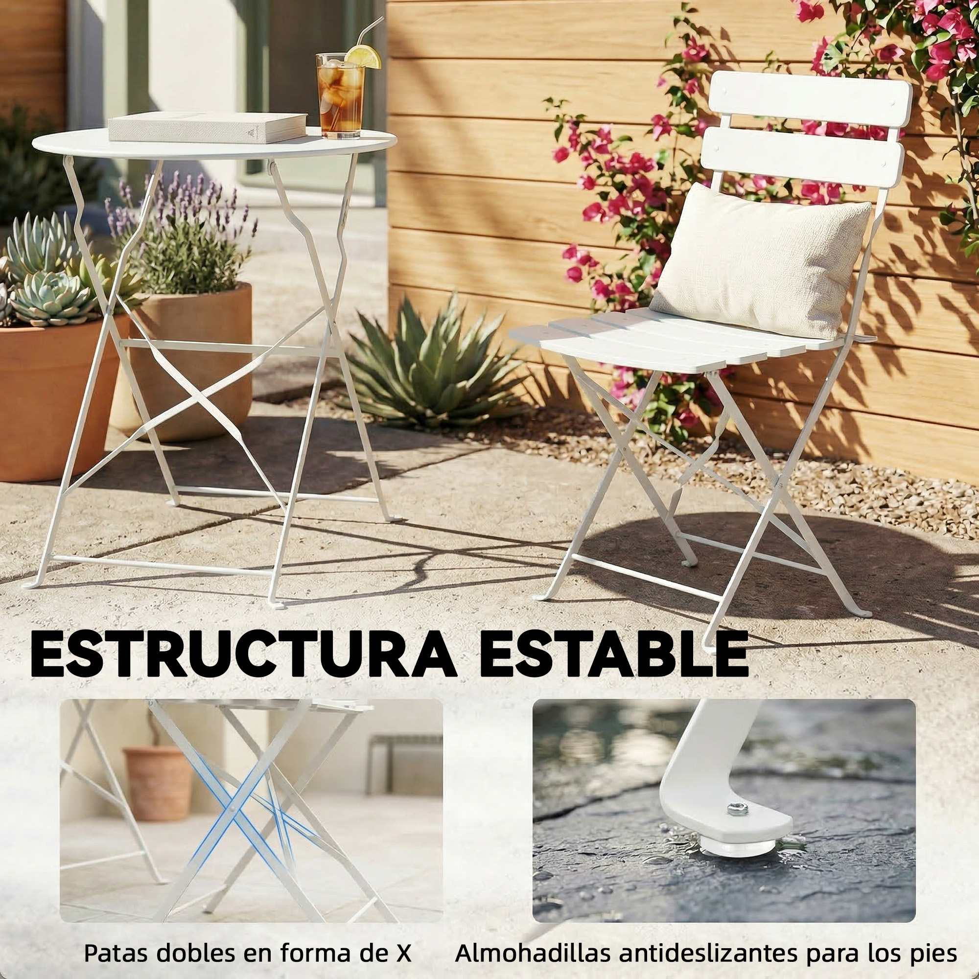 Conjunto de bistró de metal blanco: mesa redonda con bebida y libro, silla con cojín.
