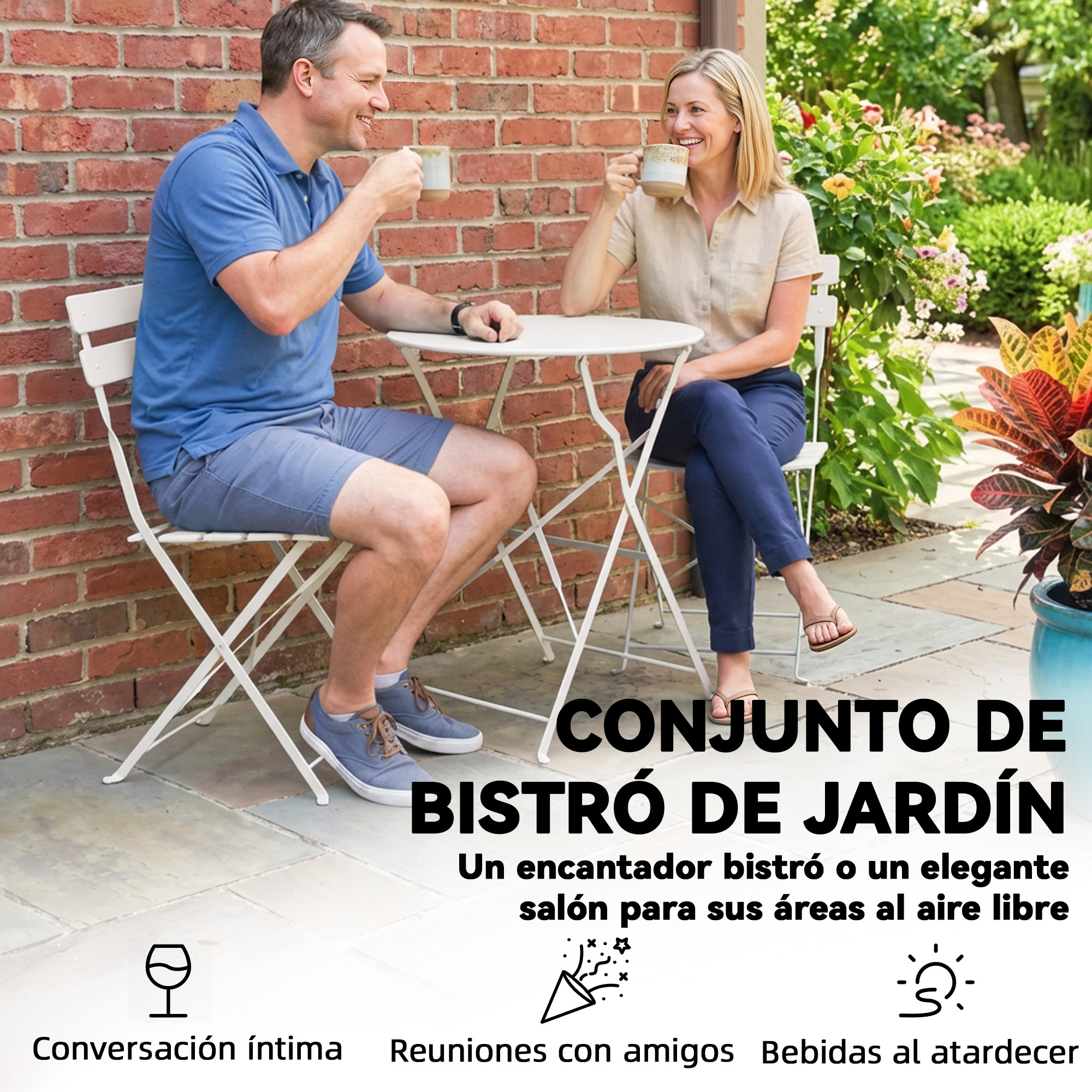 Un hombre y una mujer beben café en un patio.