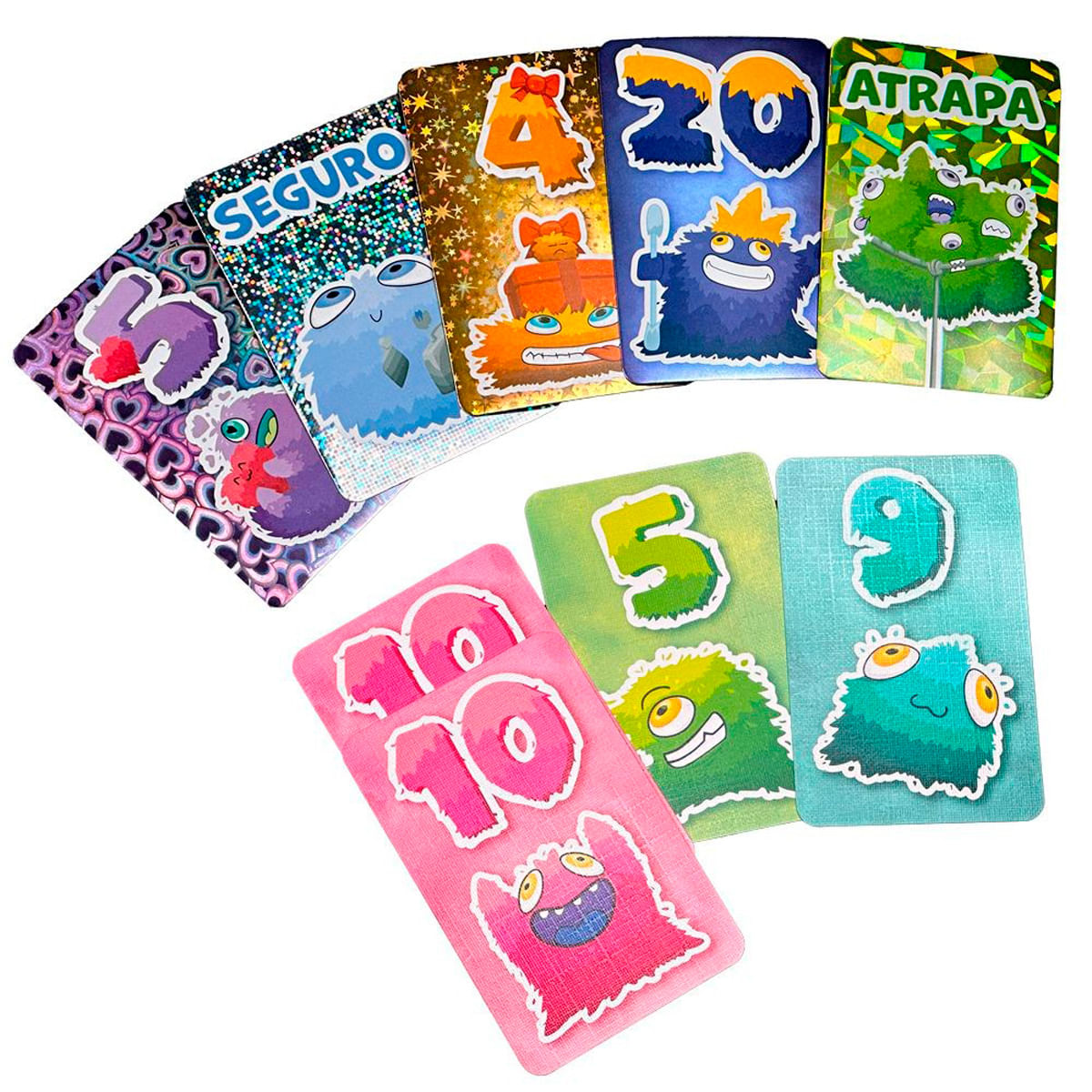 Tarjetas de monstruos coloridas con números y palabras sobre fondo blanco.
