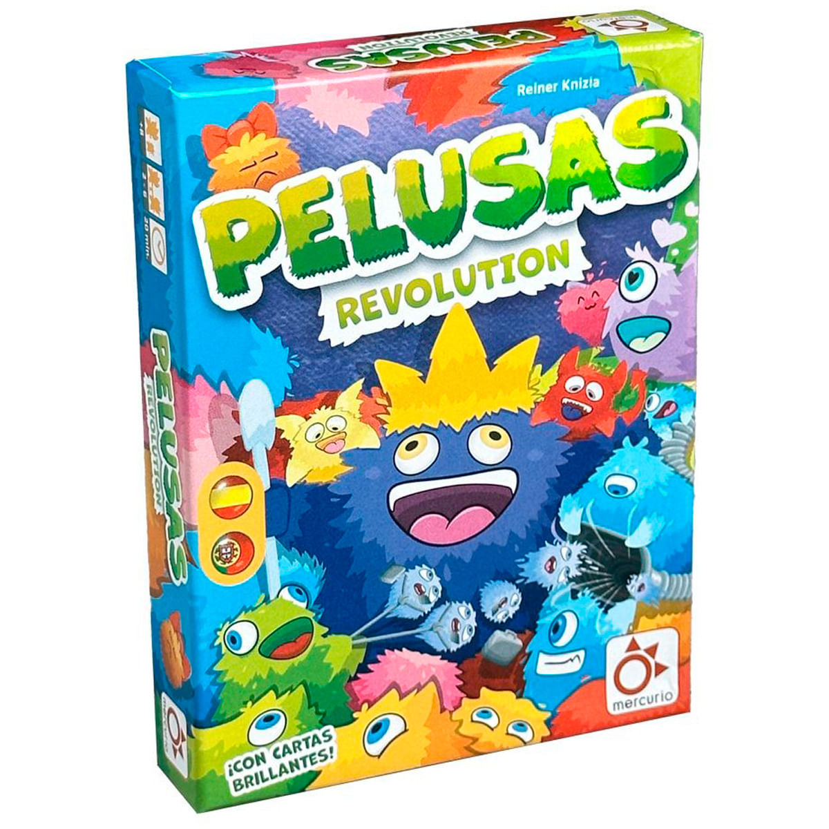 Caja de juego colorida con monstruos "Pelusas Revolution" y dibujos.