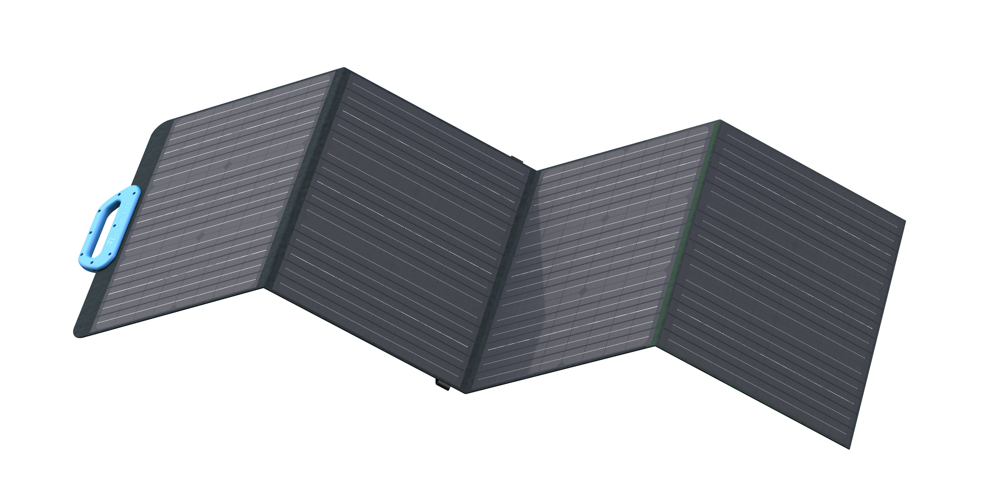 Ein dunkles, faltbares Solarpanel mit blauem Griff.