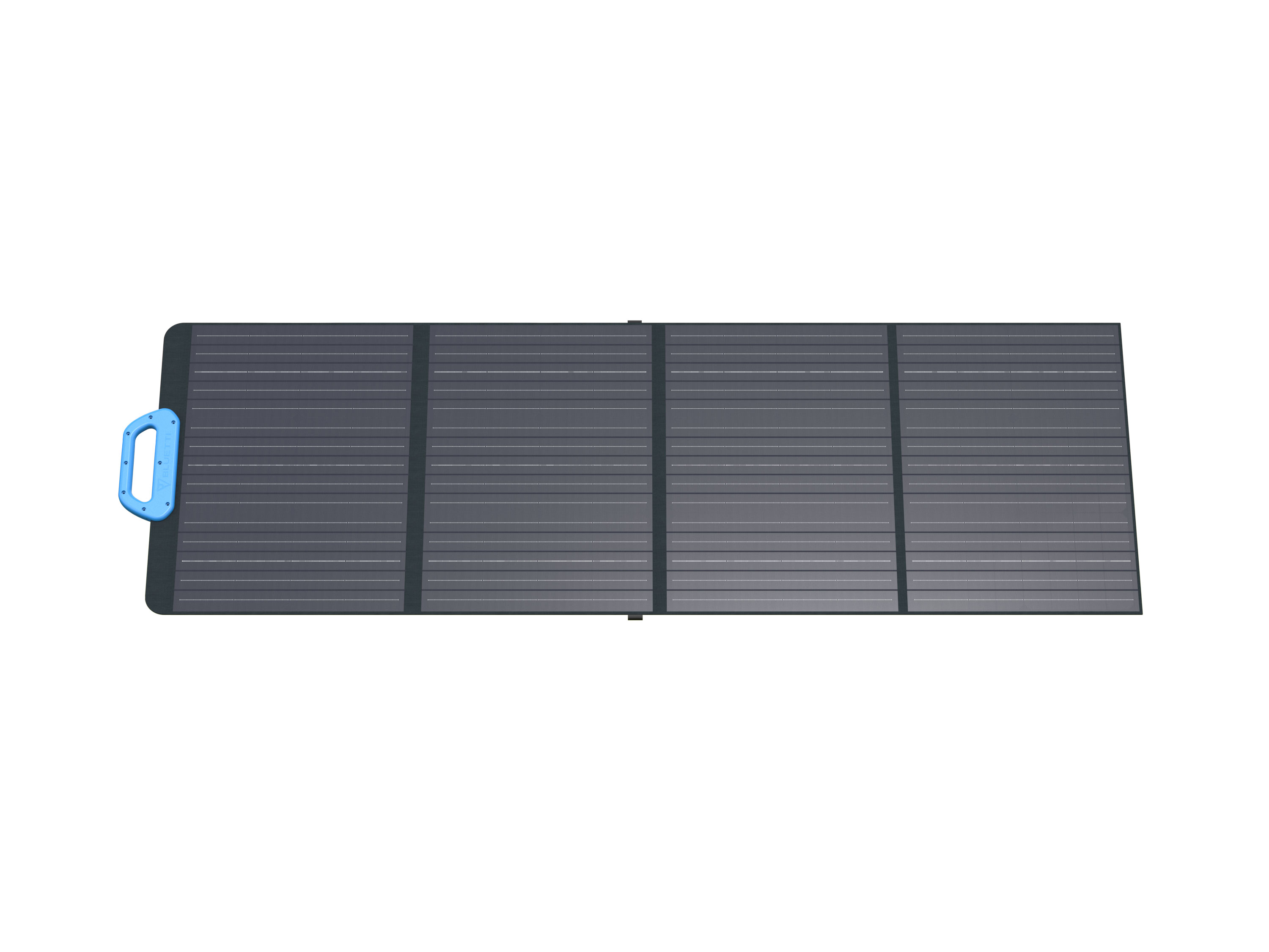 Ein graues, zusammenklappbares Solarpanel mit blauem Griff.