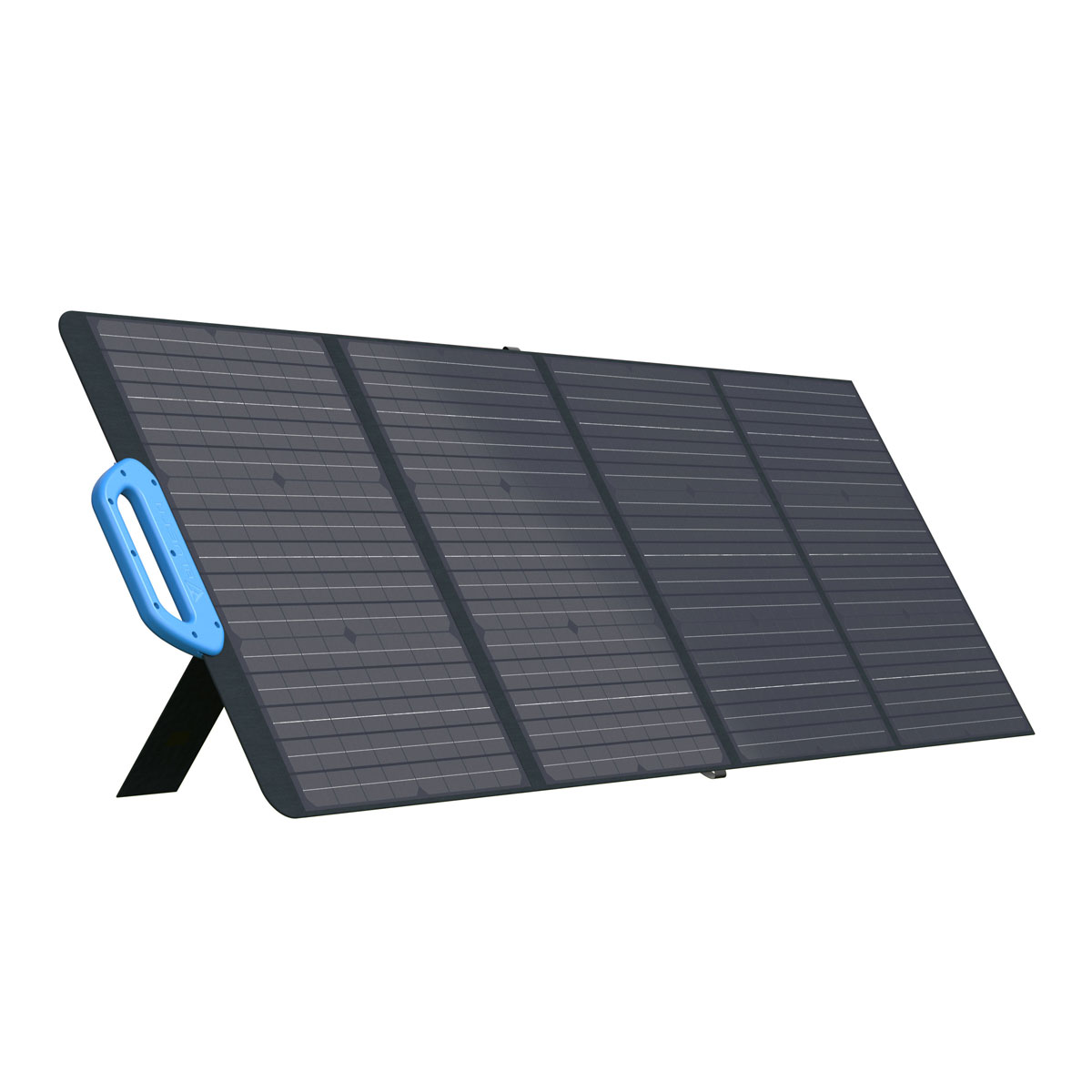 Ein dunkelgraues, faltbares Solarpanel mit vier Segmenten und einem blauen Griff.