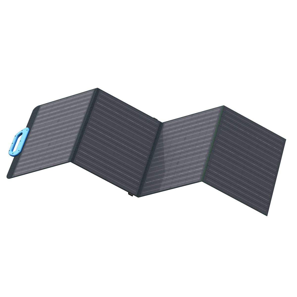 Ein entfaltetes, dunkelgraues Solarpanel mit blauer Tragegriff auf weißem Hintergrund.