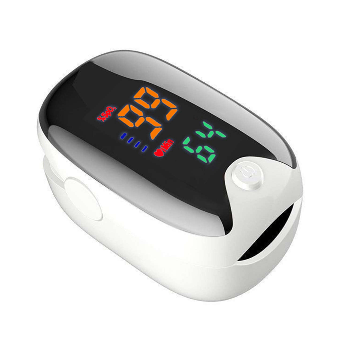 Un saturimetro da dito bianco e nero mostra 89% SpO2 e 65 bpm.