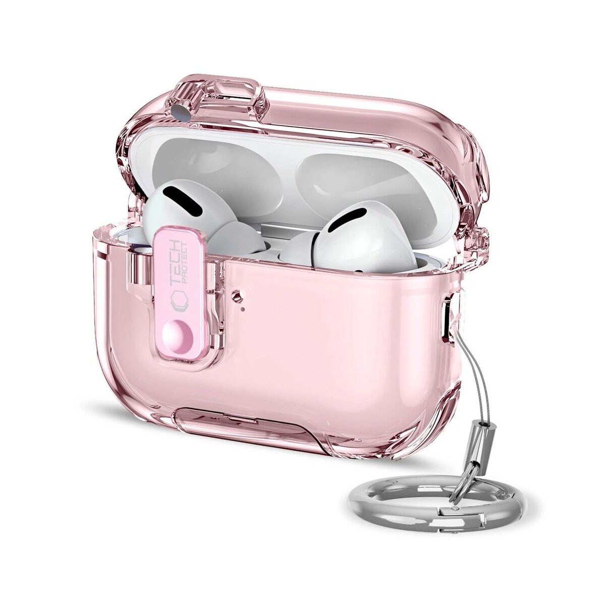 Custodia di ricarica rosa trasparente con auricolari bianchi e cordino argentato.