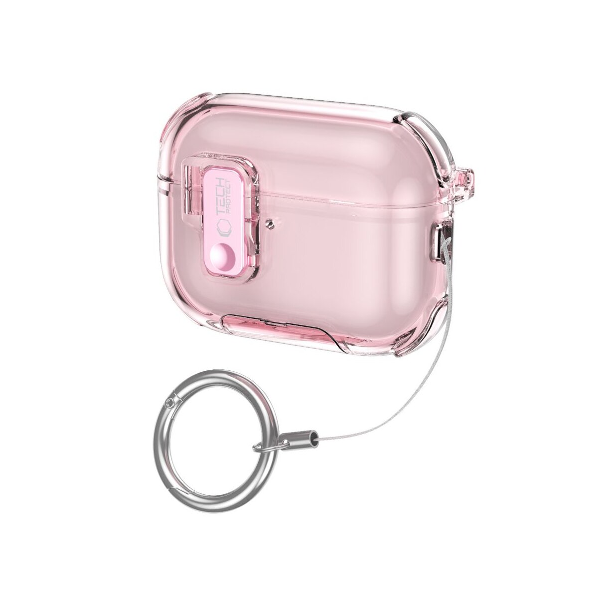 Custodia AirPods trasparente rosa con portachiavi argentato collegato da un filo sottile.