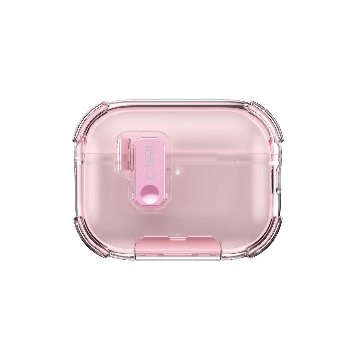 Una custodia AirPod rosa trasparente con chiusura argentata.