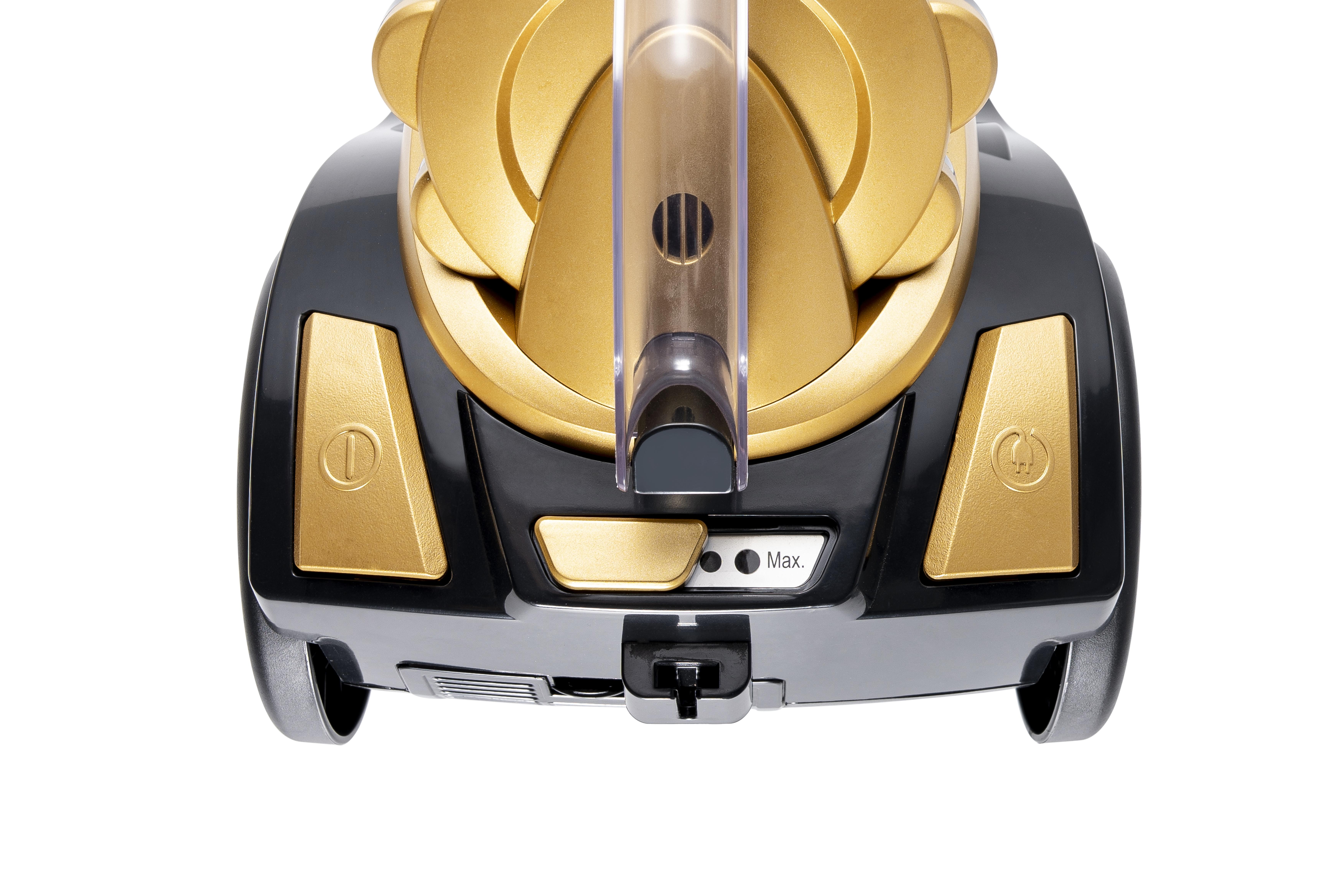 Zwarte stofzuiger met gouden accenten en een doorzichtige stofbak.