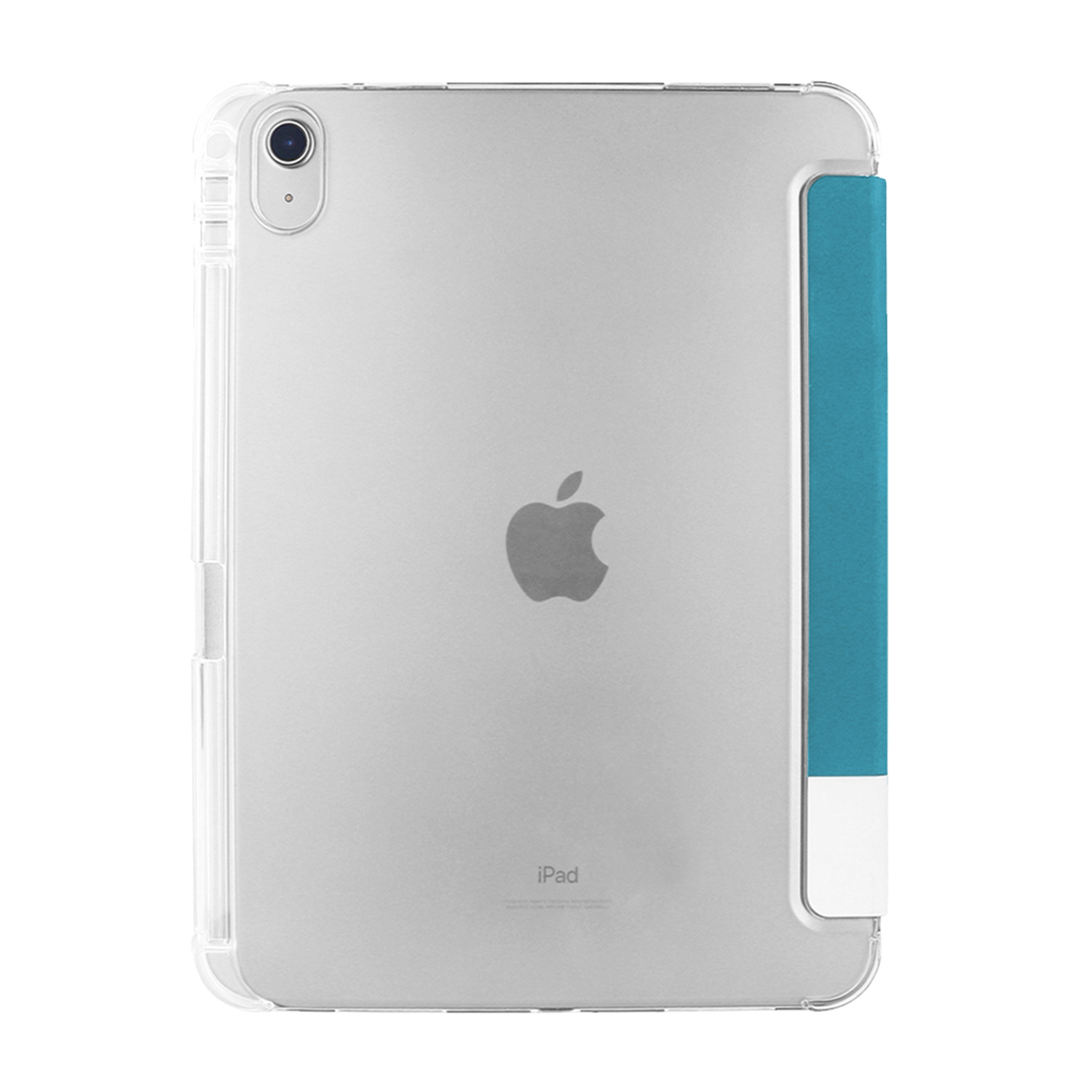 Rückseite eines iPads in einer transparenten Hülle mit blauem und weißem Akzent.