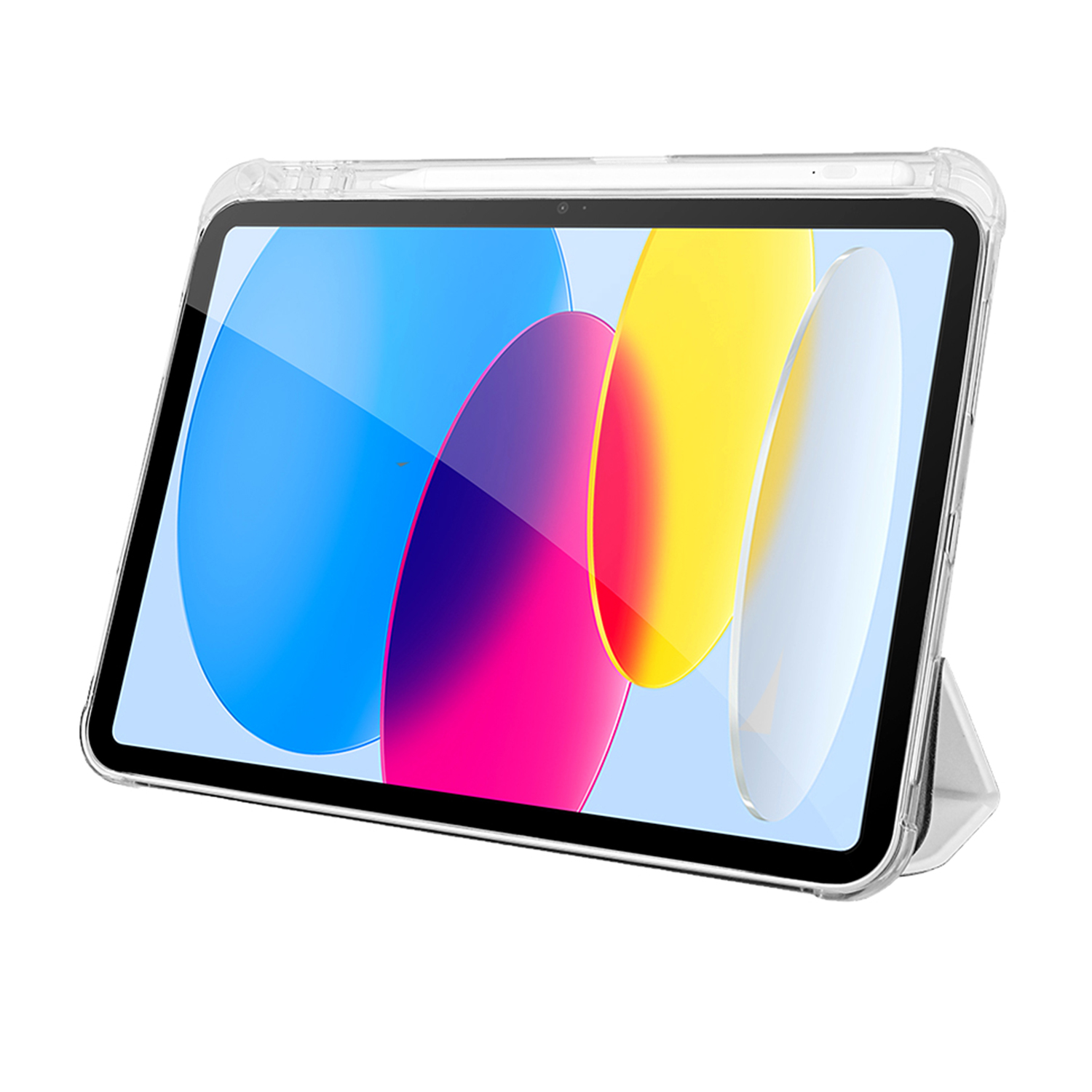 Ein transparentes iPad-Gehäuse mit einem aufgestellten Ständer und einem Stift daneben.