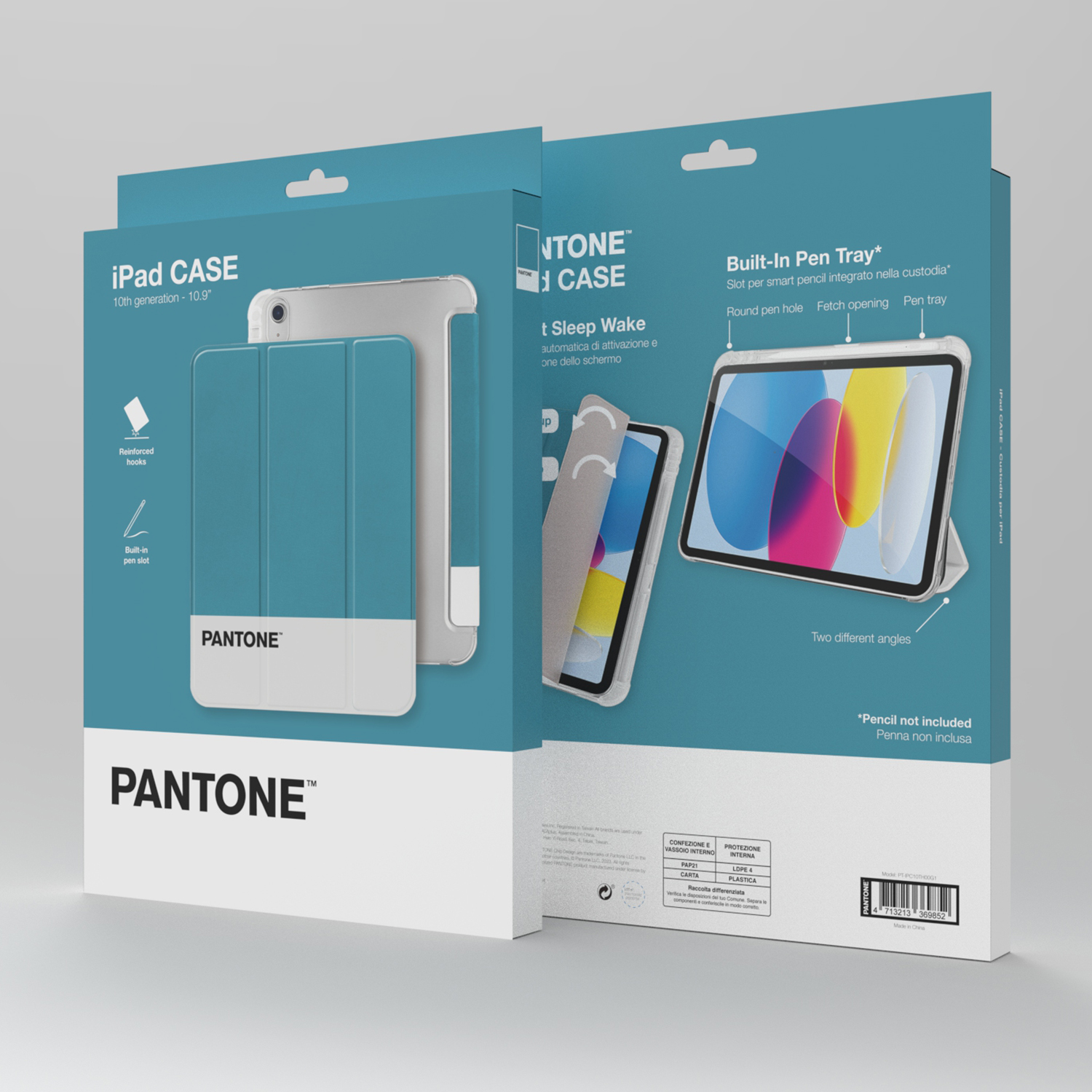 Schutzhülle für iPad 10. Gen. mit Stiftefach, zeigt Winkel und Funktionen.