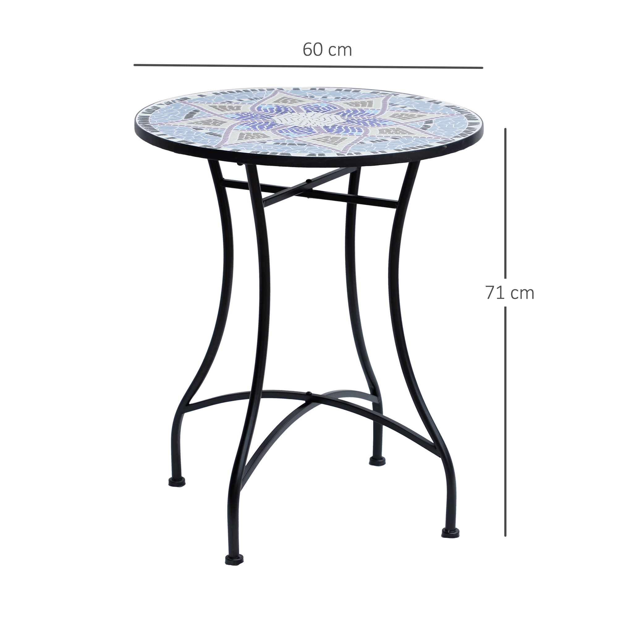 Una mesa redonda de mosaico con base de metal negro, 60 cm de ancho y 71 cm de alto.