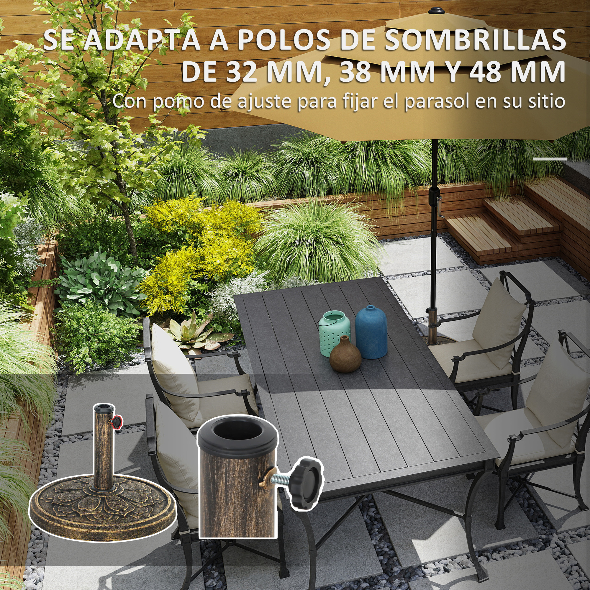 Un patio con base de sombrilla decorativa y mesa, rodeado de vegetación exuberante.