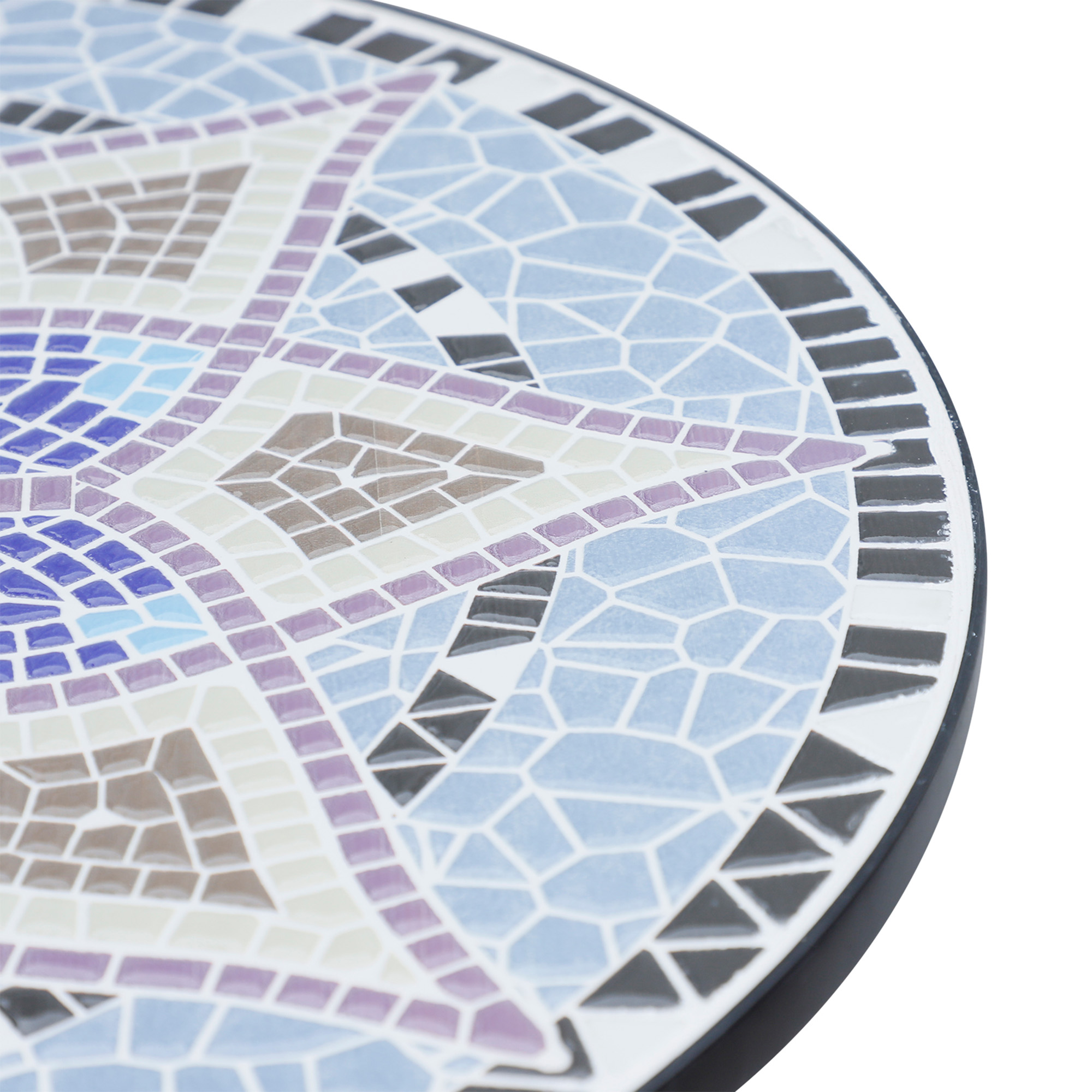 Tablero redondo de mosaico con patrón azul, morado, marrón y blanco.